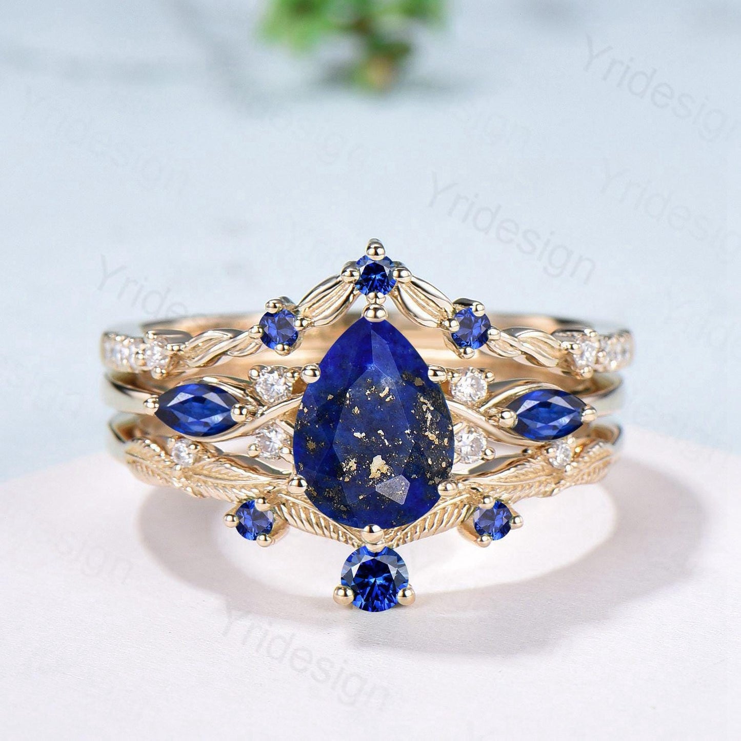 Vintage Lapis Lazuli engagement ring set blue gemstone engagement ring Unique sapphire bridal set leaf vine Curved Anniversary Promise gift