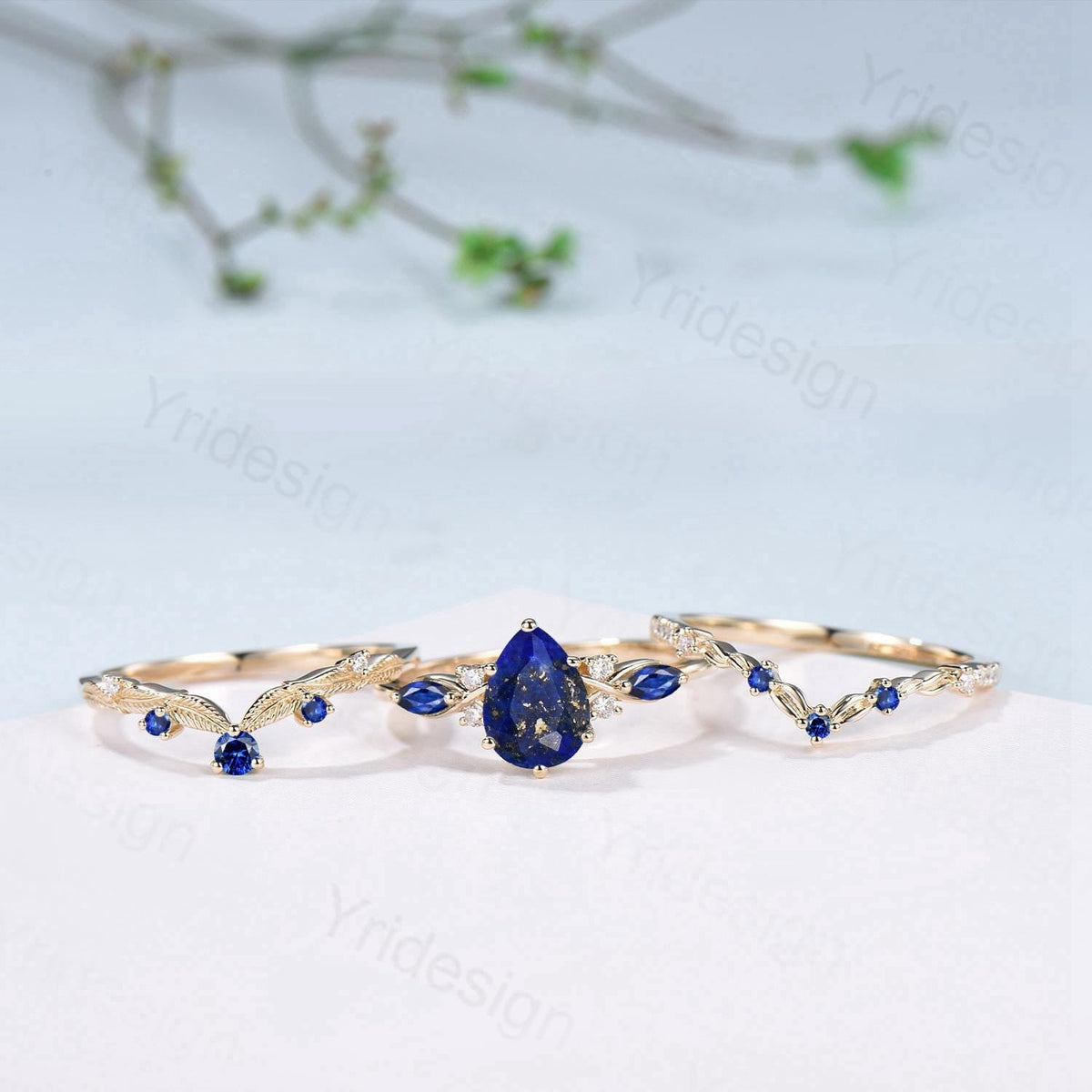 Vintage Lapis Lazuli engagement ring set blue gemstone engagement ring Unique sapphire bridal set leaf vine Curved Anniversary Promise gift