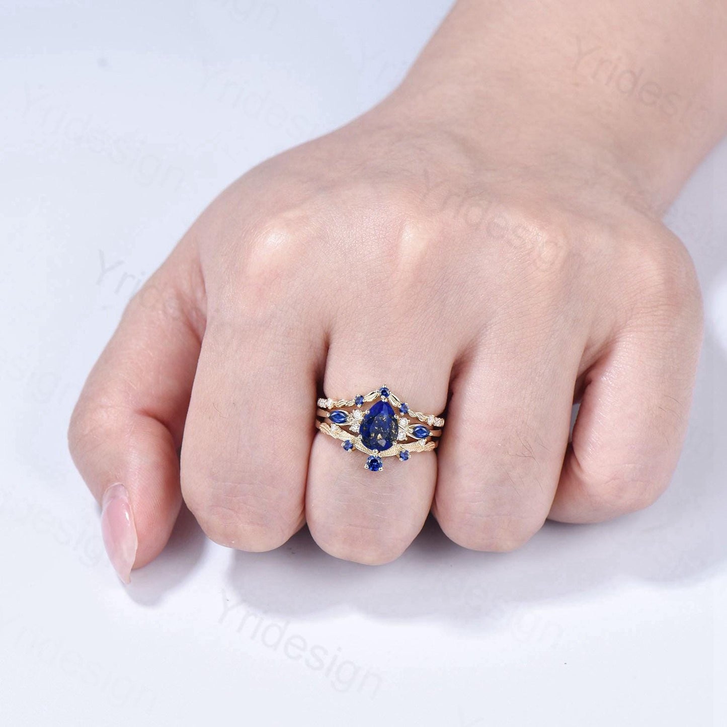 Vintage Lapis Lazuli engagement ring set blue gemstone engagement ring Unique sapphire bridal set leaf vine Curved Anniversary Promise gift