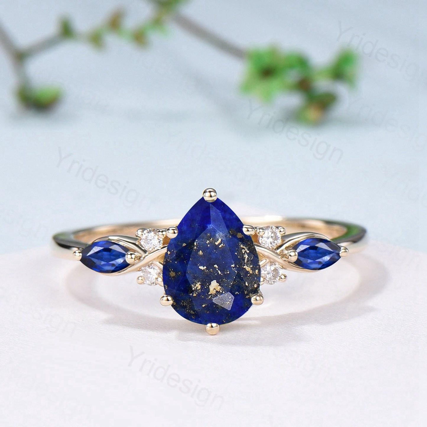 Vintage Lapis Lazuli engagement ring set blue gemstone engagement ring Unique sapphire bridal set leaf vine Curved Anniversary Promise gift