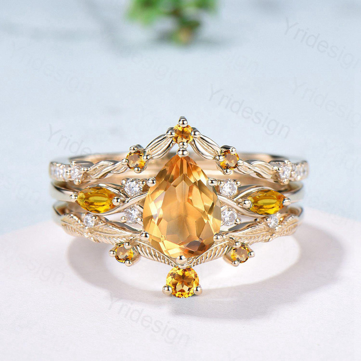 Vintage Citrine engagement ring set November birthstone wedding ring set Unique Yellow Gold Bridal set Curved Anniversary Promise ring gifts