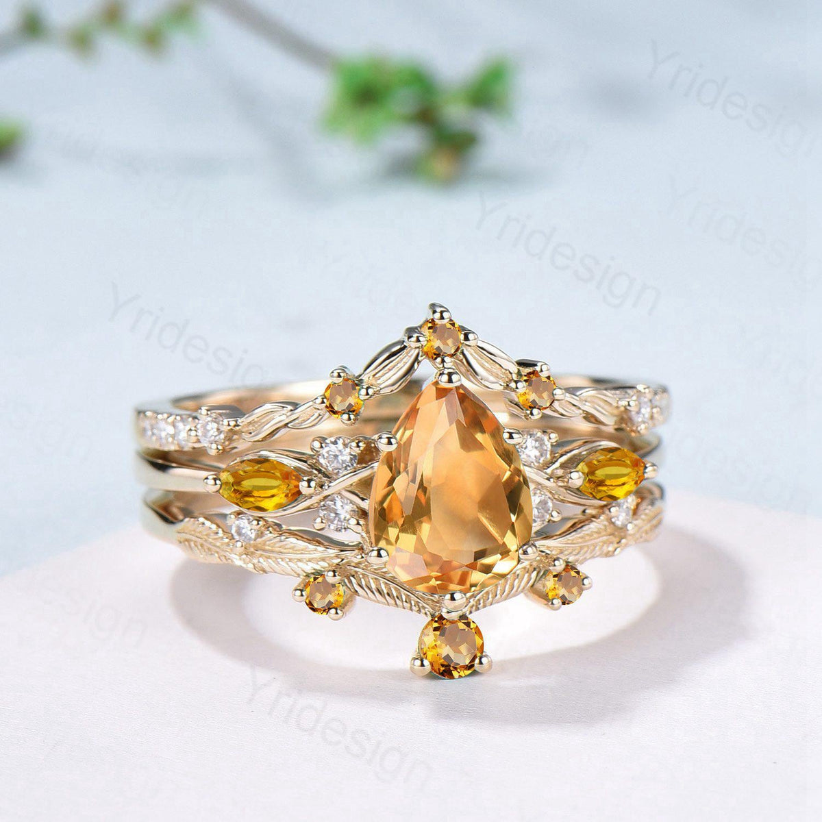 Vintage Citrine engagement ring set November birthstone wedding ring set Unique Yellow Gold Bridal set Curved Anniversary Promise ring gifts