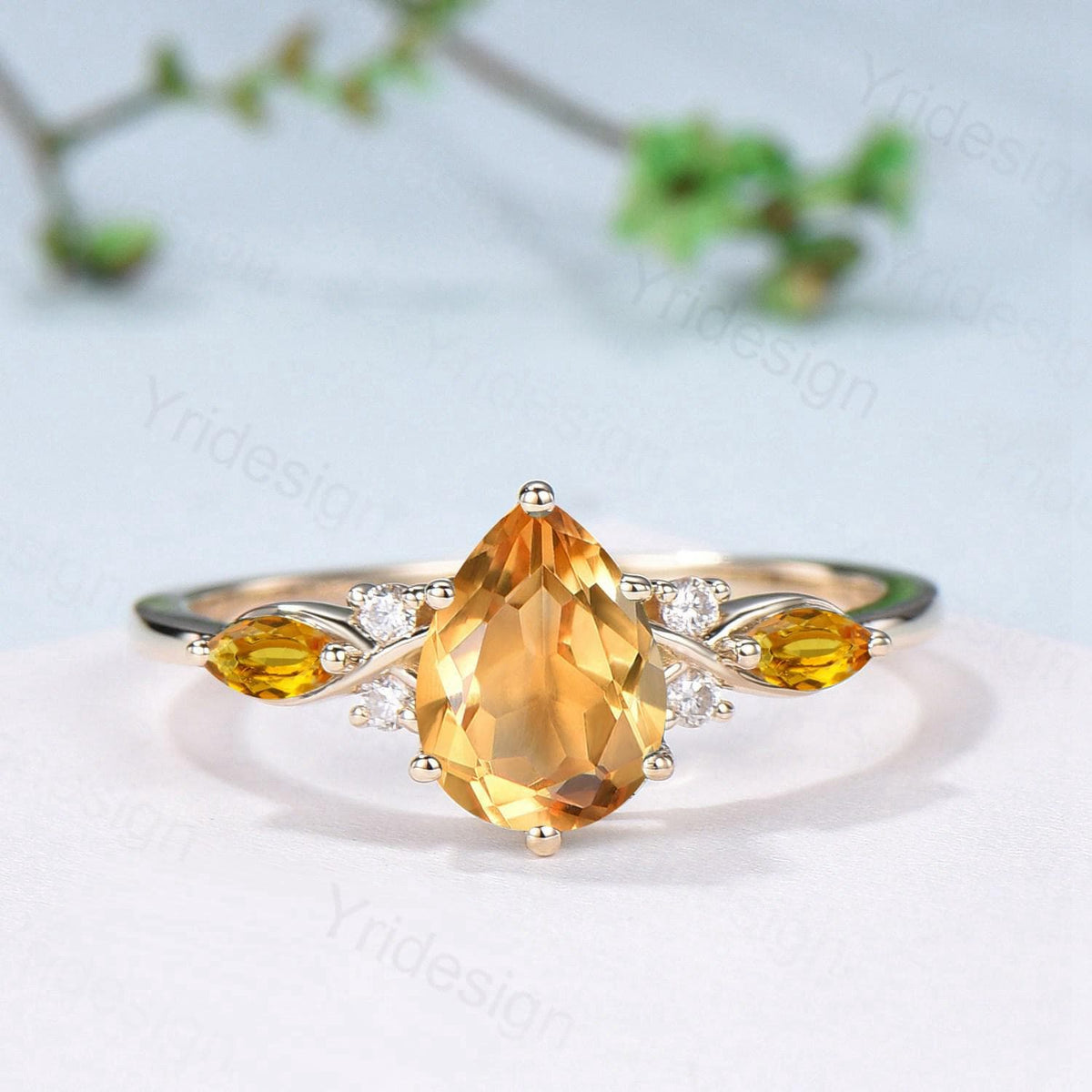 Vintage Citrine engagement ring set November birthstone wedding ring set Unique Yellow Gold Bridal set Curved Anniversary Promise ring gifts