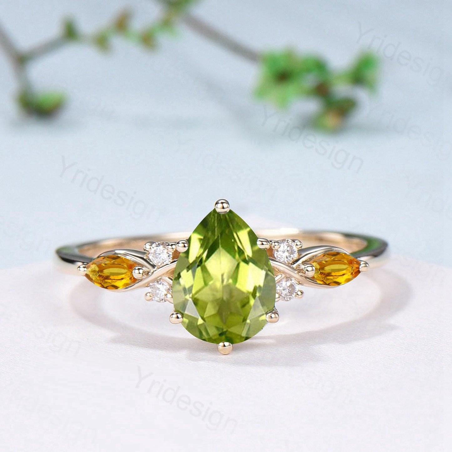 Vintage Peridot engagement ring set August birthstone wedding ring set Unique Citrine Bridal set Curved Anniversary Promise ring gifts women