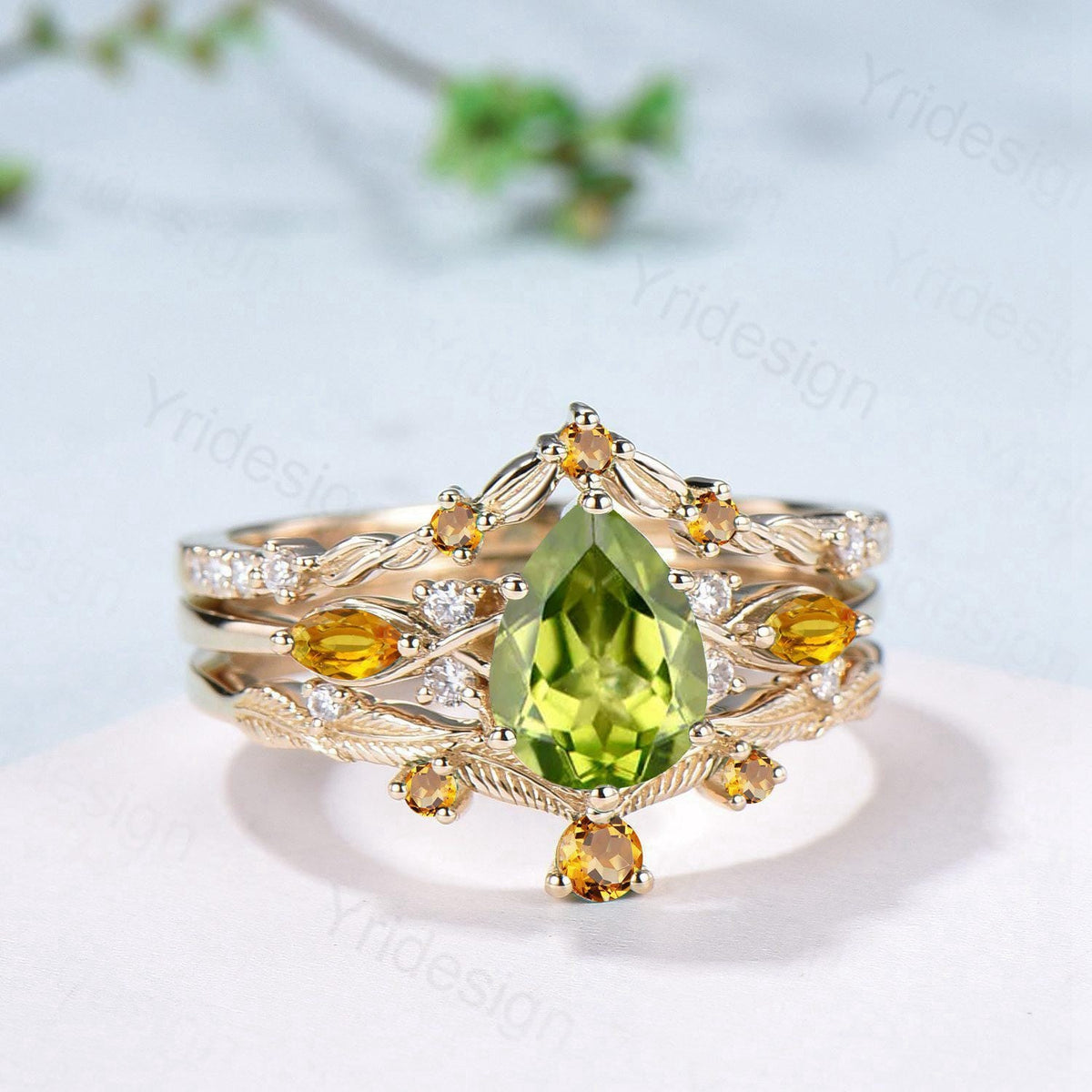 Vintage Peridot engagement ring set August birthstone wedding ring set Unique Citrine Bridal set Curved Anniversary Promise ring gifts women