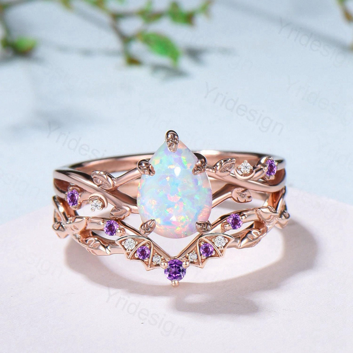 Teardrop White Opal Engagement Ring Set October Birthstone Amethyst Moon Bat Wedding Band Leaf Nature Inspired 2pcs Rose Gold Bridal Set