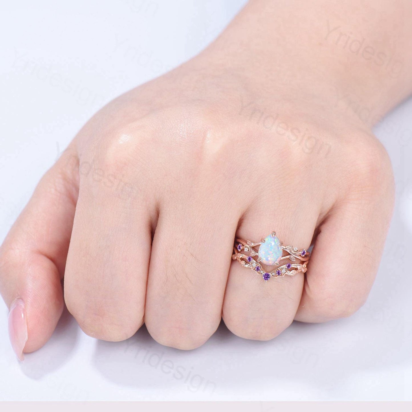 Teardrop White Opal Engagement Ring Set October Birthstone Amethyst Moon Bat Wedding Band Leaf Nature Inspired 2pcs Rose Gold Bridal Set