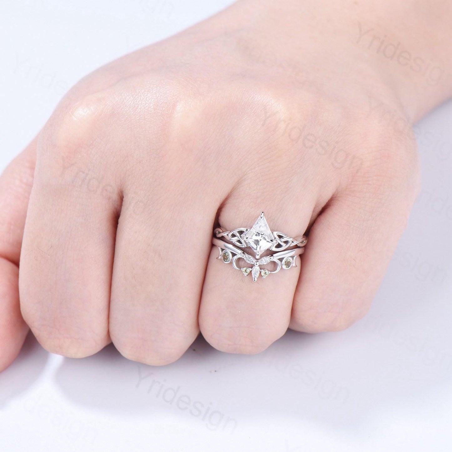 Norse Viking Kite Cut Natural White Sapphire Engagement Ring Set Unique Celtic Love Knot Peridot Butterfly Wedding Band Vintage Bridal Set
