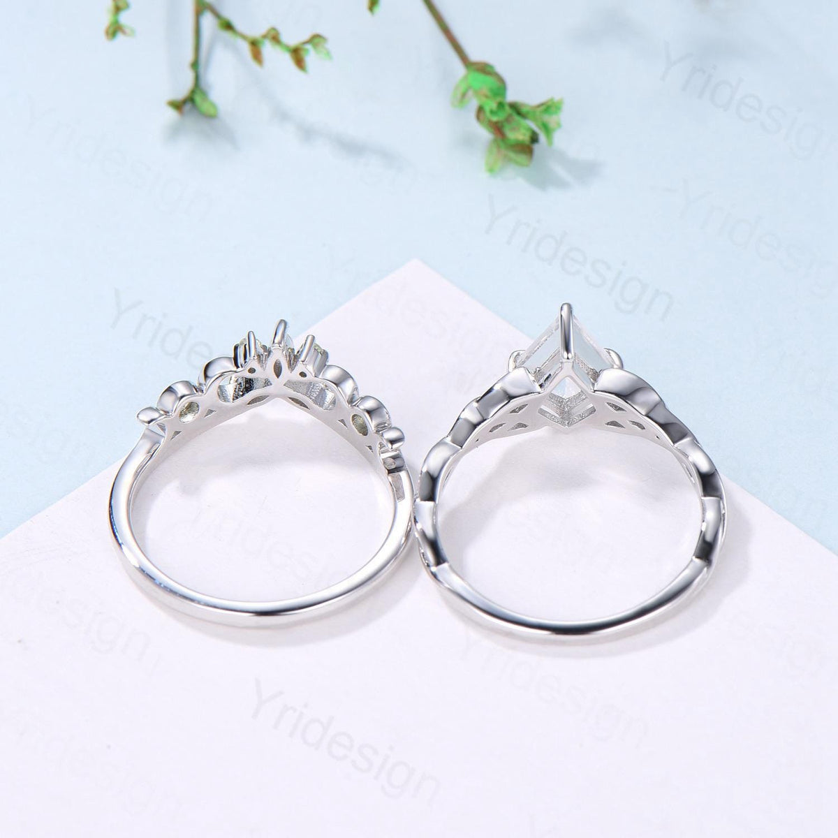 Norse Viking Kite Cut Natural White Sapphire Engagement Ring Set Unique Celtic Love Knot Peridot Butterfly Wedding Band Vintage Bridal Set