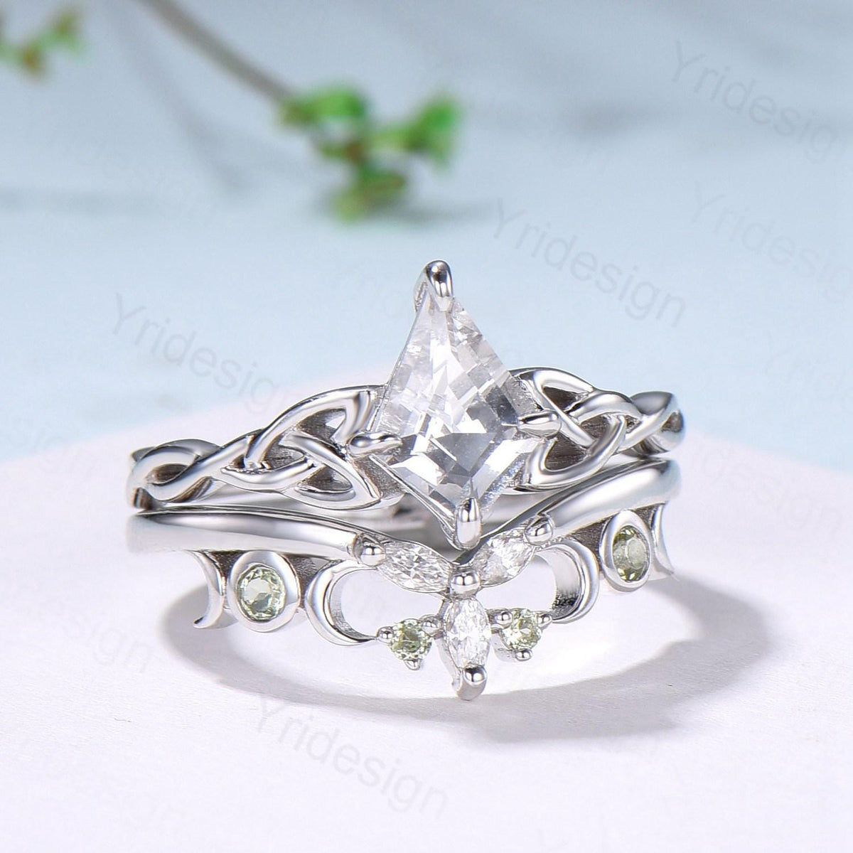 Norse Viking Kite Cut Natural White Sapphire Engagement Ring Set Unique Celtic Love Knot Peridot Butterfly Wedding Band Vintage Bridal Set