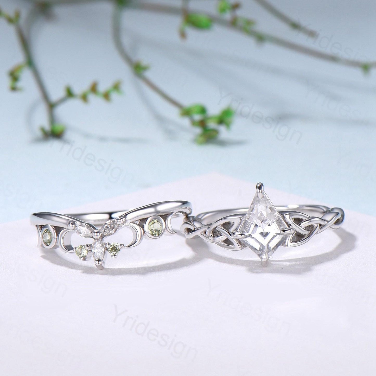 Norse Viking Kite Cut Natural White Sapphire Engagement Ring Set Unique Celtic Love Knot Peridot Butterfly Wedding Band Vintage Bridal Set