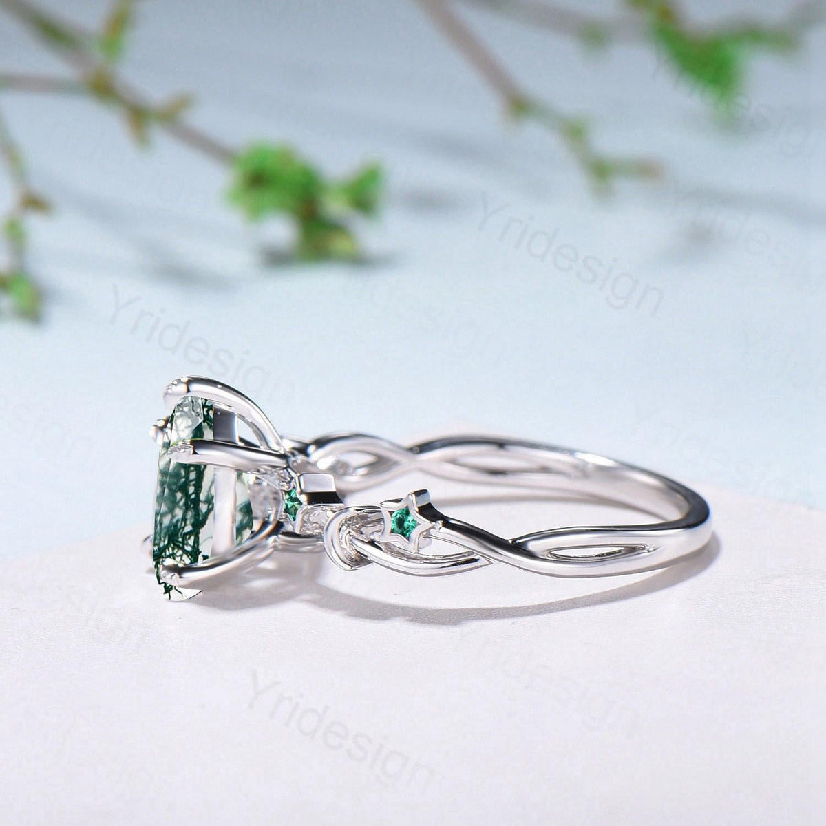 Vintage Pear Shaped Moss Agate Engagement Ring Moon Star Cluster Emerald Wedding Ring Silver White Gold Split Shank Leaves Vine Prong Ring