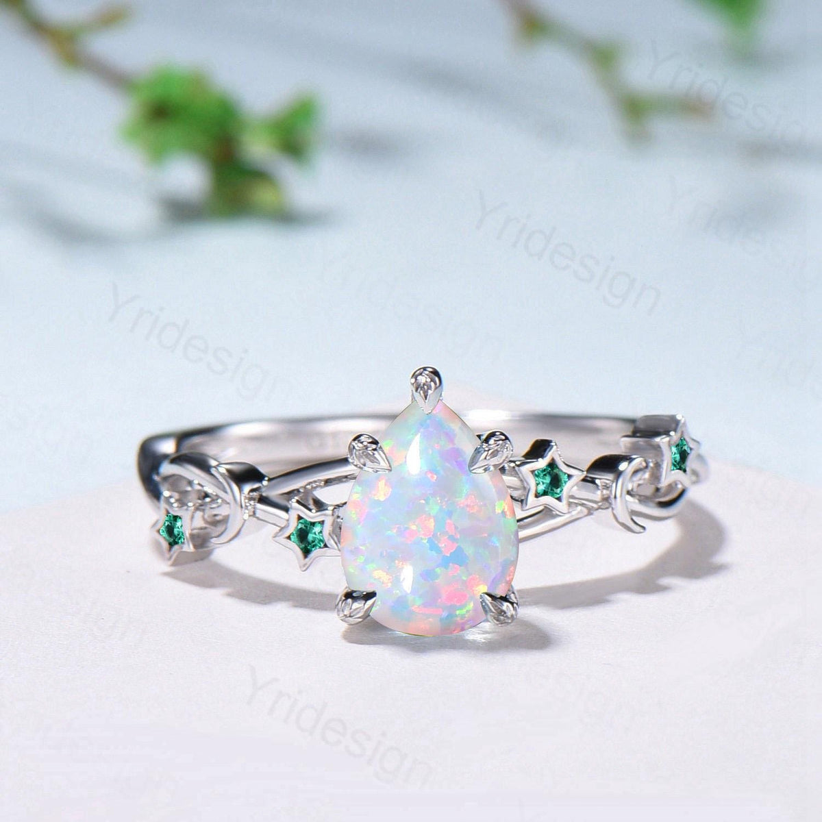 Vintage Pear Shaped White Opal Engagement Ring Moon Star Cluster Emerald Wedding Ring Silver Gold October Birthstone Leaves Vine Prong Ring