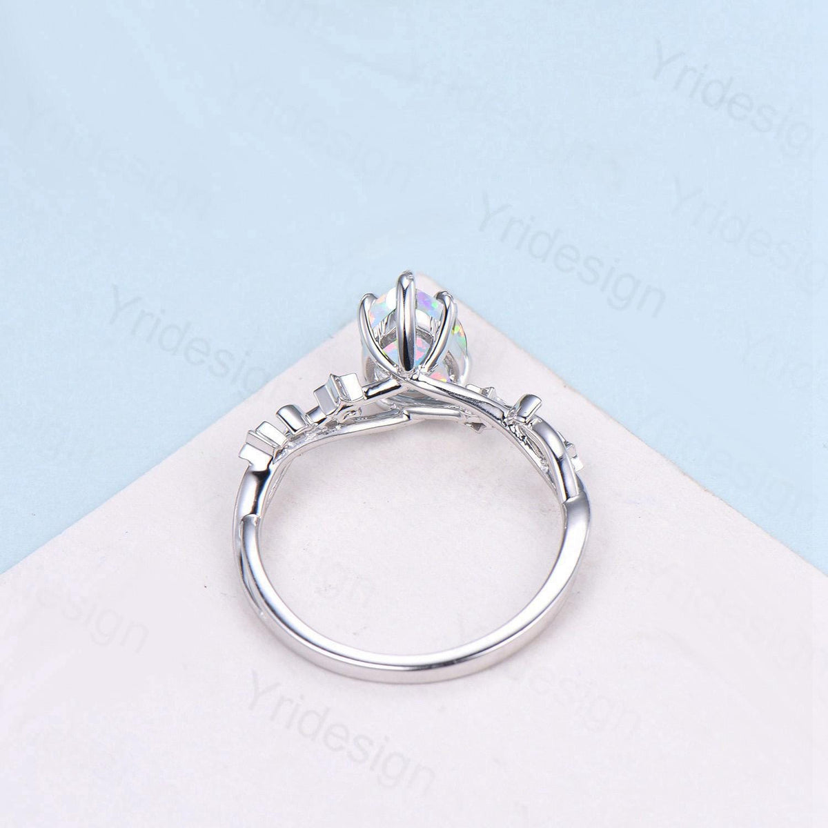 Vintage Pear Shaped White Opal Engagement Ring Moon Star Cluster Emerald Wedding Ring Silver Gold October Birthstone Leaves Vine Prong Ring