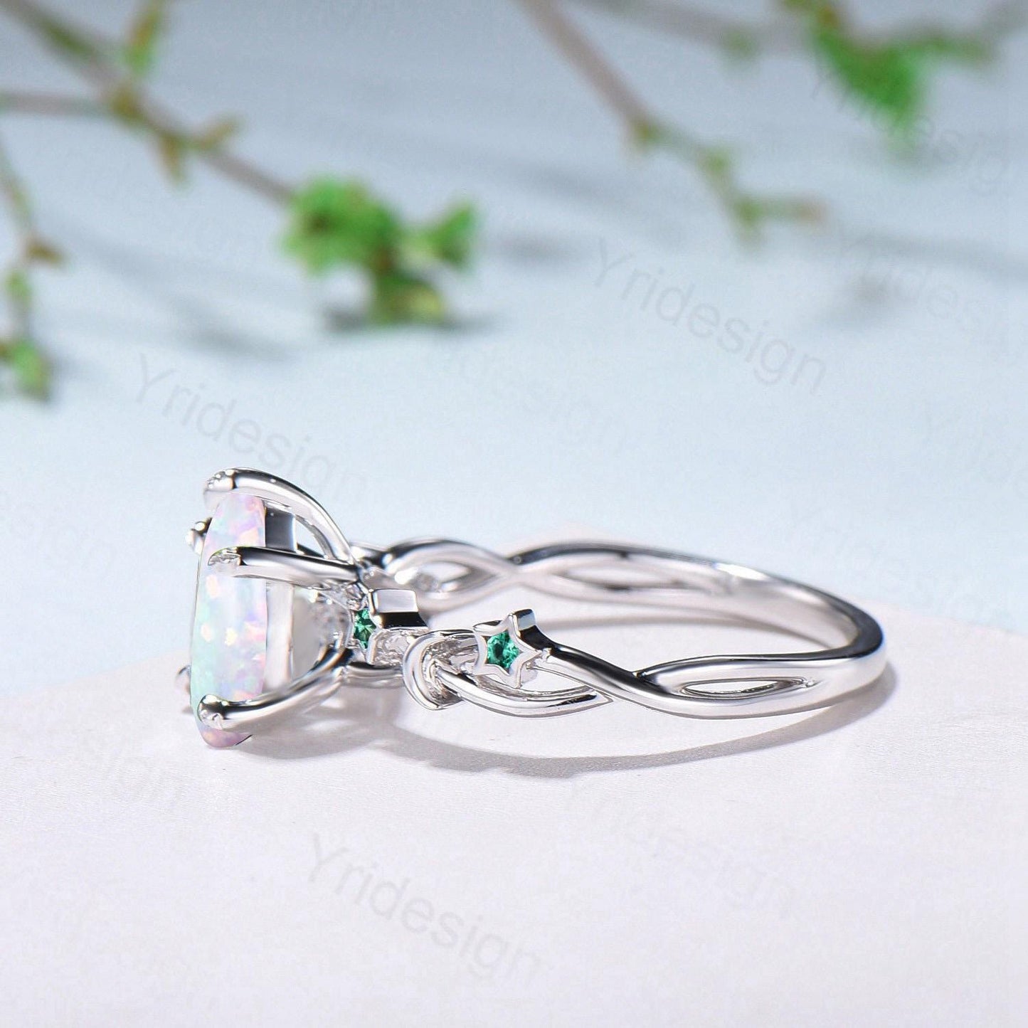 Vintage Pear Shaped White Opal Engagement Ring Moon Star Cluster Emerald Wedding Ring Silver Gold October Birthstone Leaves Vine Prong Ring