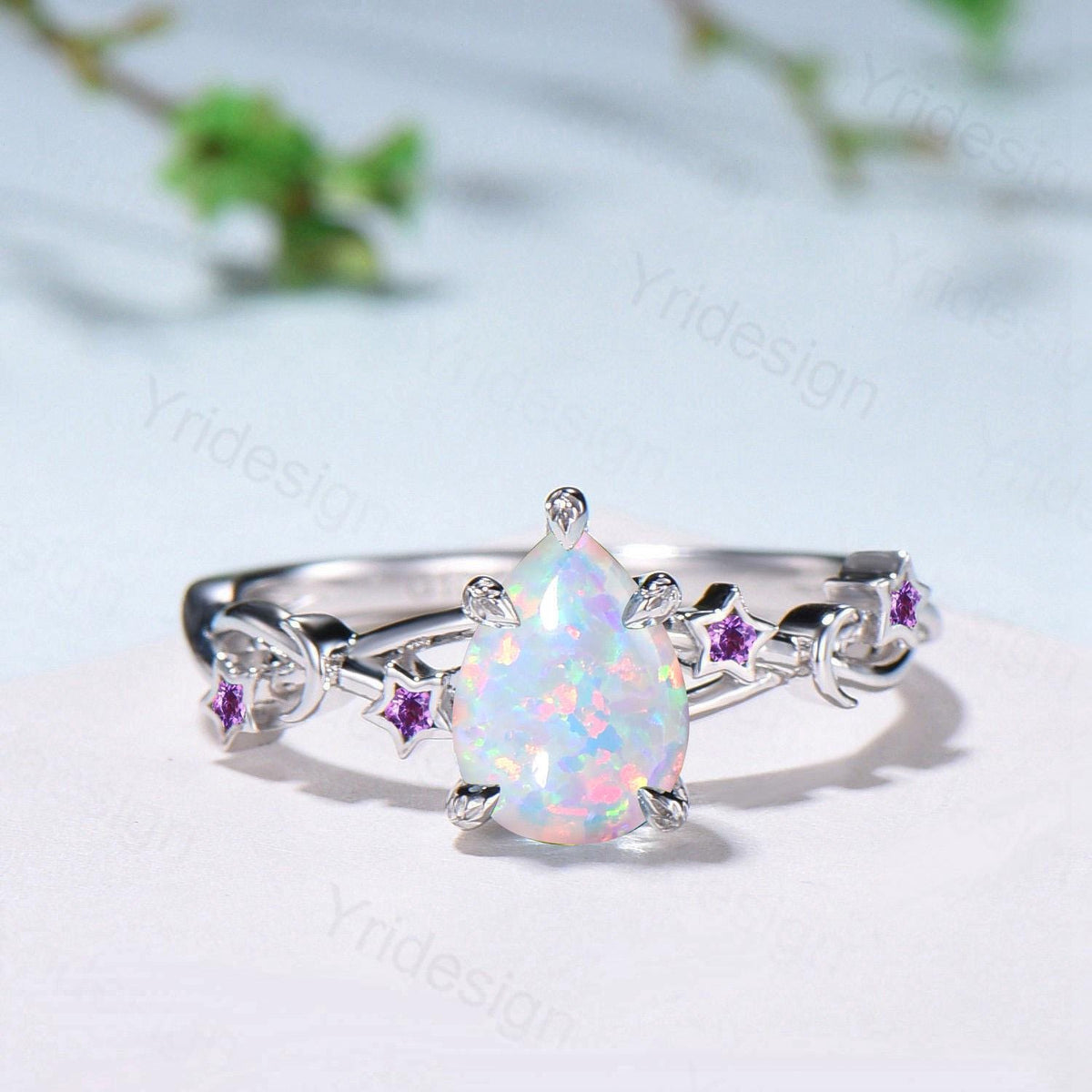 Vintage Pear Shaped White Opal Engagement Ring Moon Star Cluster Emerald Wedding Ring Silver Gold October Birthstone Leaves Vine Prong Ring