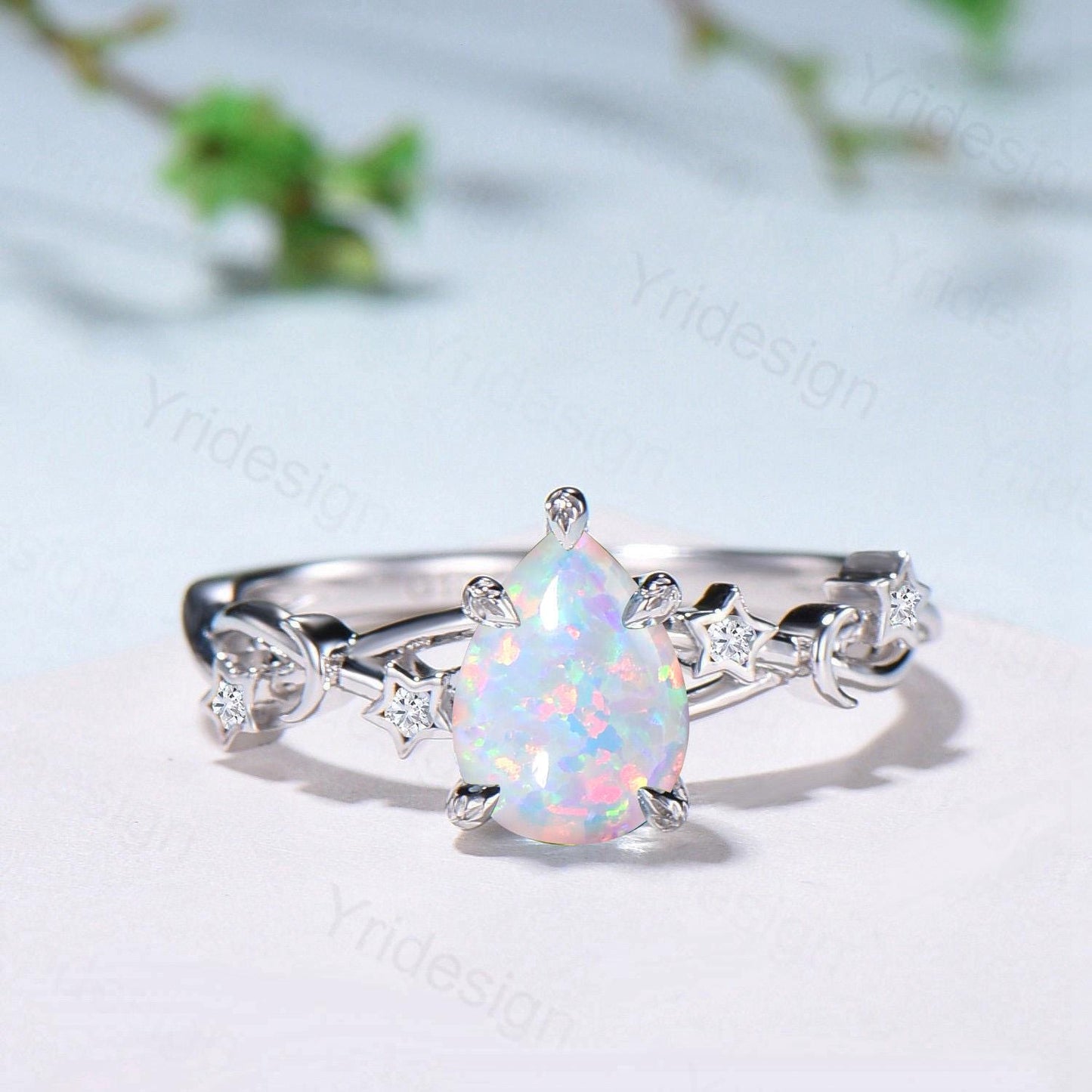 Vintage Pear Shaped White Opal Engagement Ring Moon Star Cluster Emerald Wedding Ring Silver Gold October Birthstone Leaves Vine Prong Ring