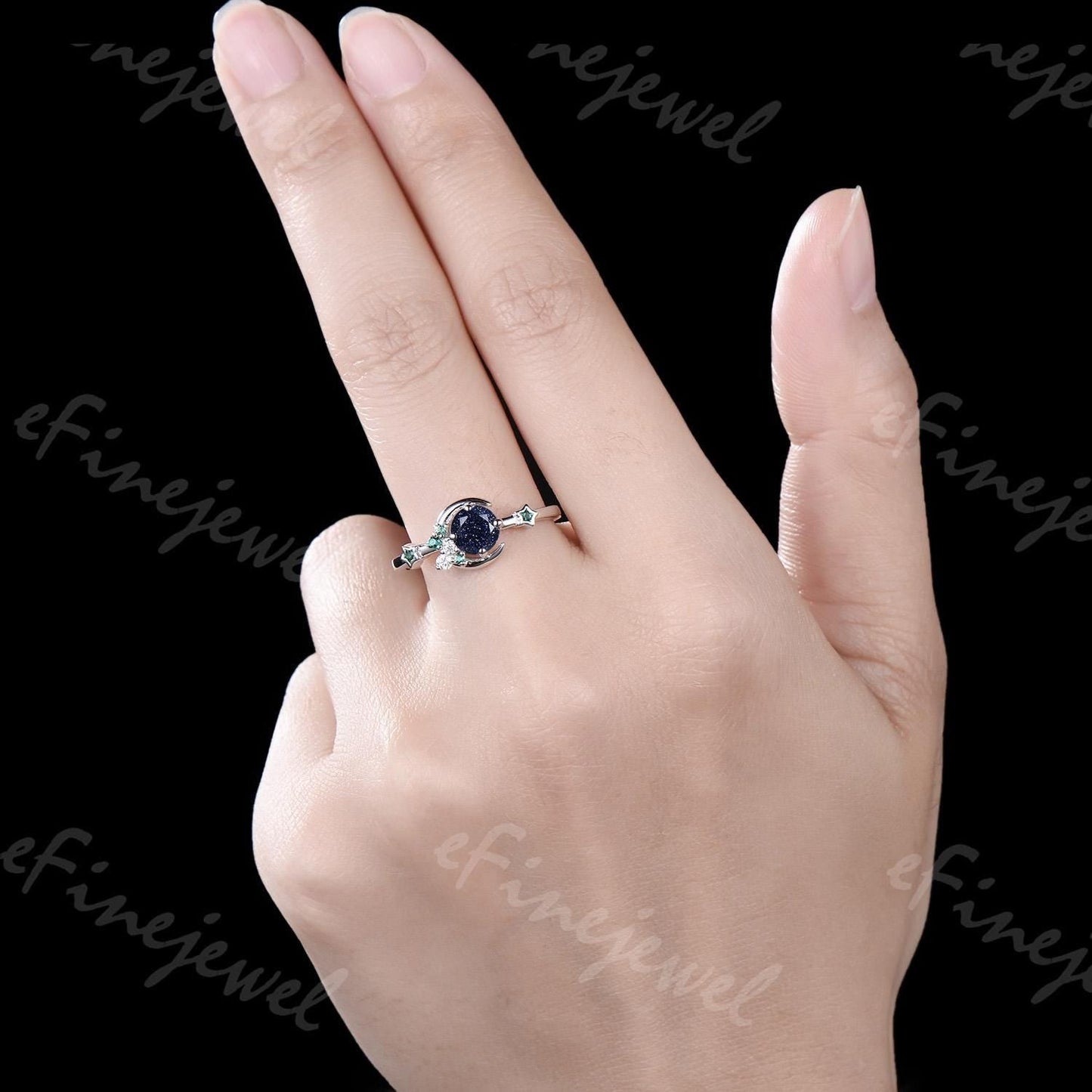 Blue Sandstone Engagement Ring: Moon, Star, Emerald Galaxy Ring