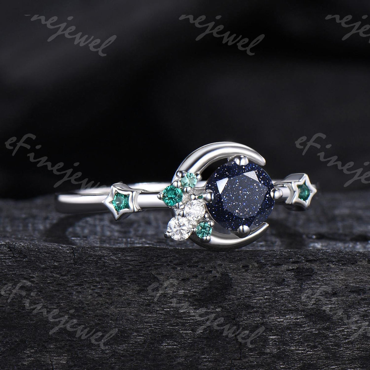 Blue Sandstone Engagement Ring: Moon, Star, Emerald Galaxy Ring