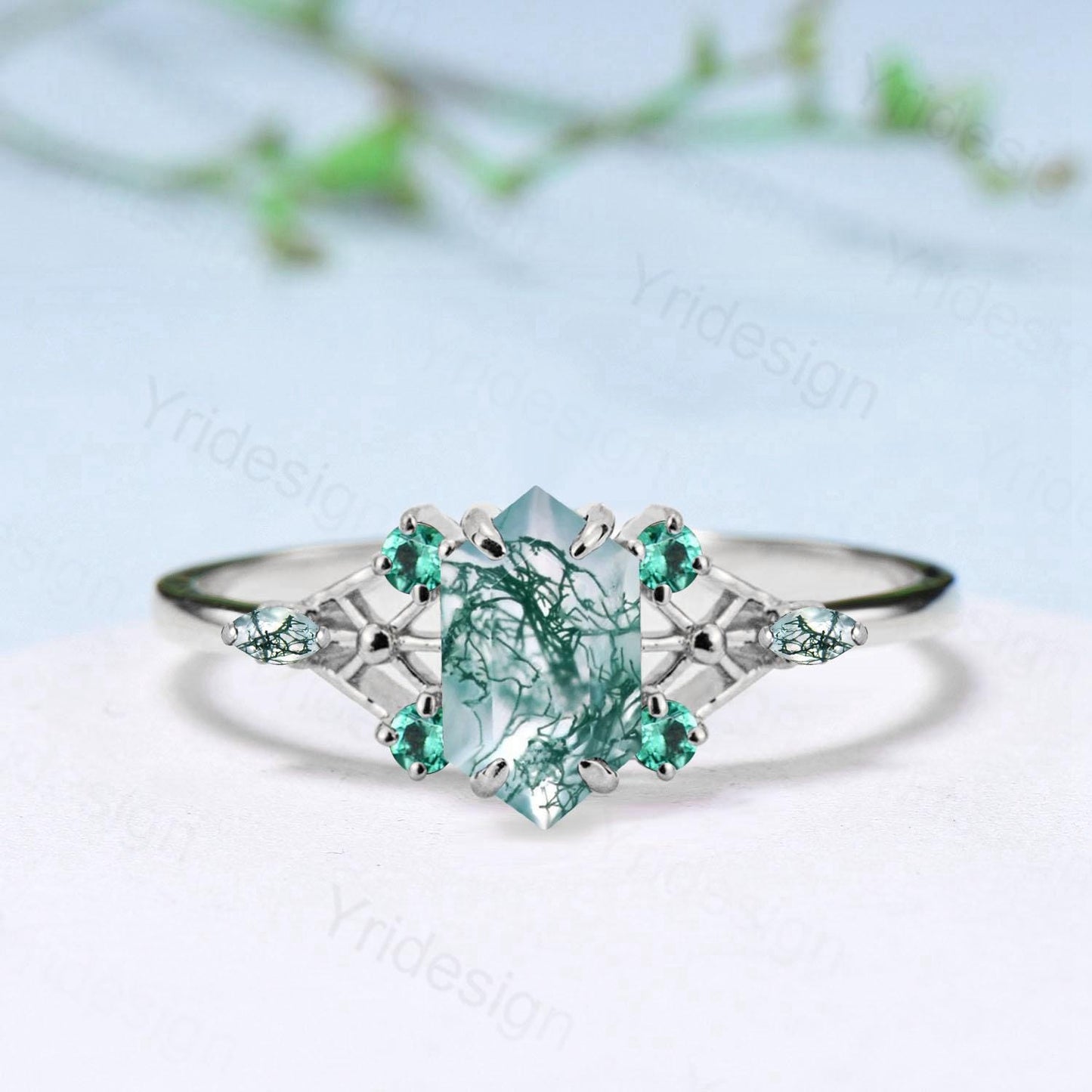 Vintage Elongated Hexagon Cut Moss Agate Engagement Ring Unique Spider Agate Emerald Wedding Ring Anniversary Promise Ring Gift for Women