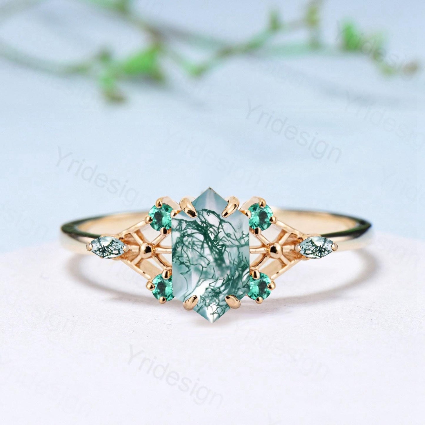 Vintage Elongated Hexagon Cut Moss Agate Engagement Ring Unique Spider Agate Emerald Wedding Ring Anniversary Promise Ring Gift for Women