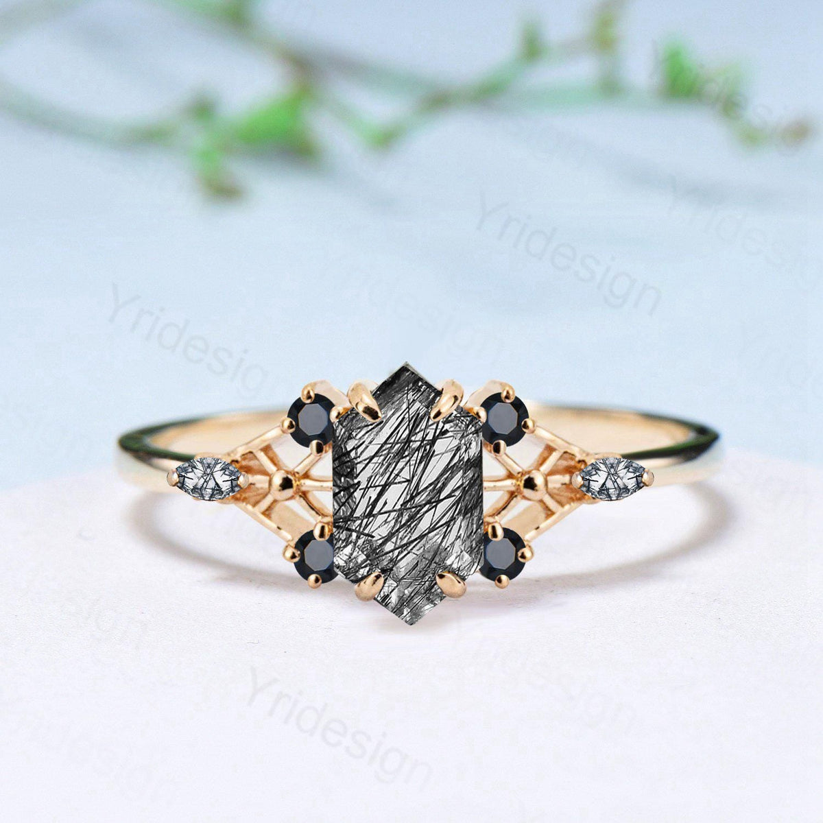 Vintage Elongated Hexagon Cut Black Rutilated Quartz Engagement Ring Unique Spider Wedding Ring Art Deco Anniversary Promise Ring Gift