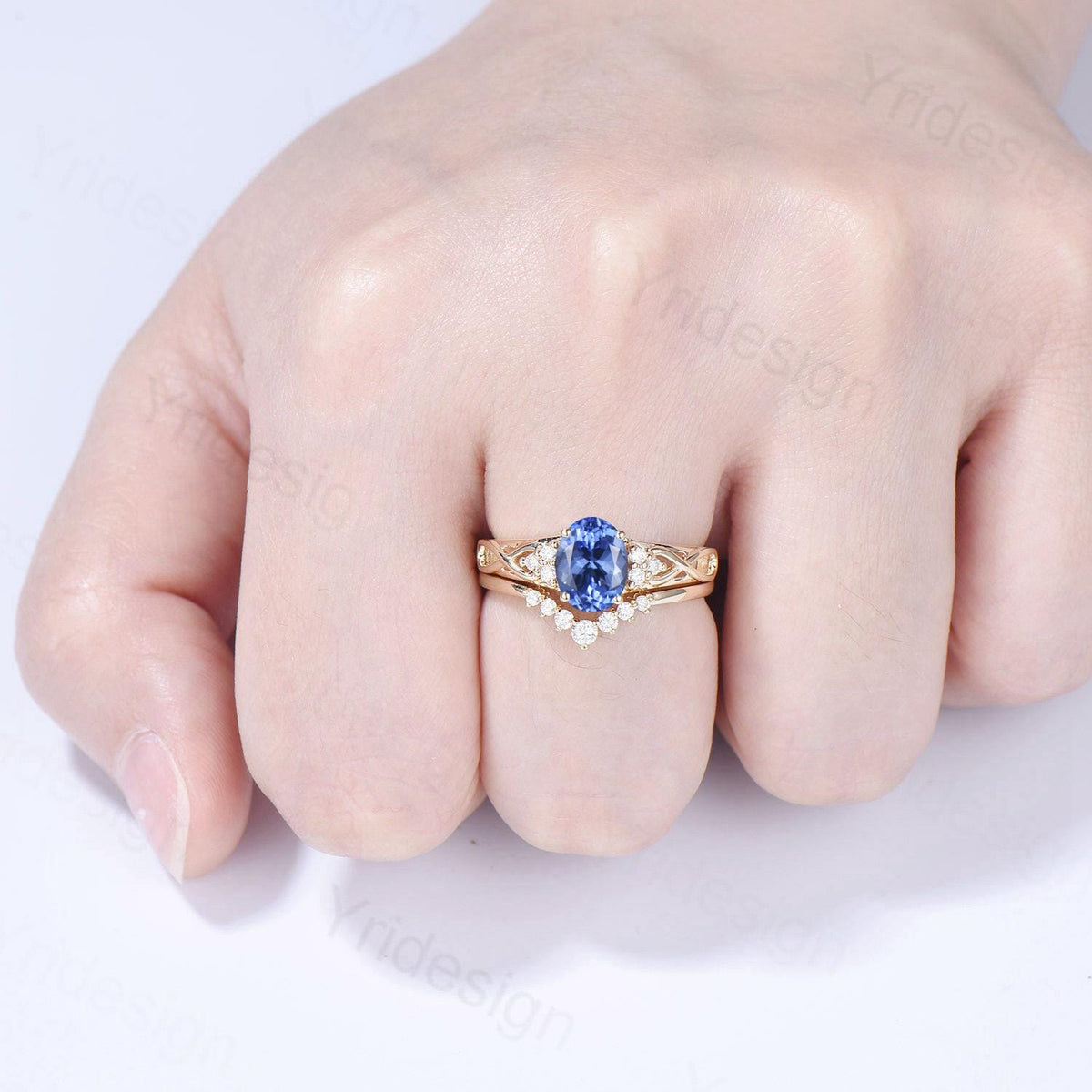 Celtic Love Natural Oval Tanzanite Engagement Ring Set Vintage  18K Yellow Gold Cluster Diamond Art Deco Wedding Ring Set Anniversary Gifts