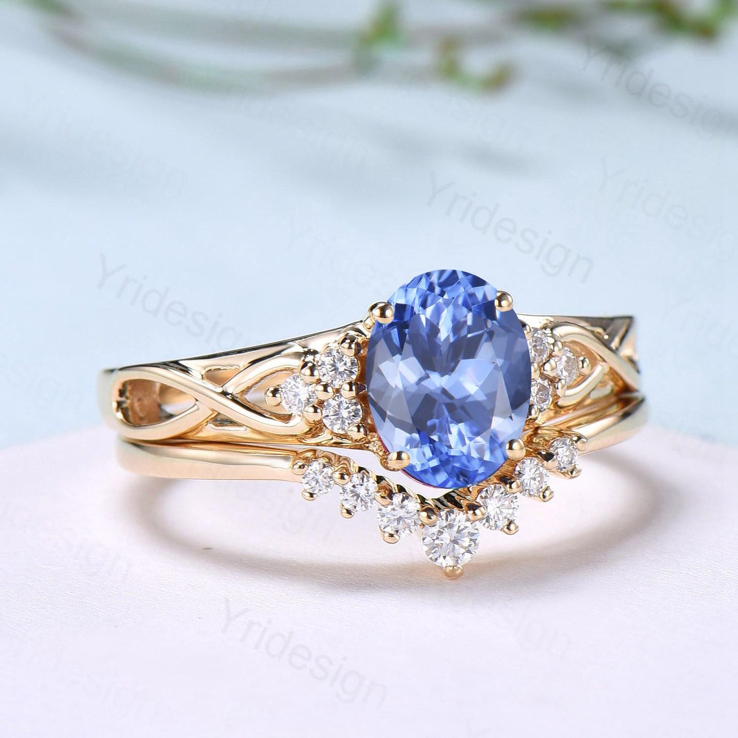 Celtic Love Natural Oval Tanzanite Engagement Ring Set Vintage  18K Yellow Gold Cluster Diamond Art Deco Wedding Ring Set Anniversary Gifts