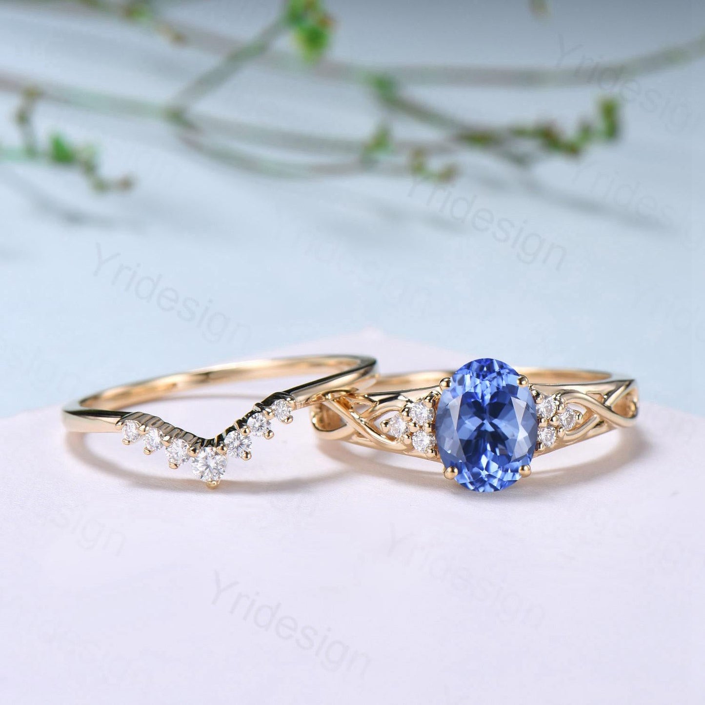 Celtic Love Natural Oval Tanzanite Engagement Ring Set Vintage  18K Yellow Gold Cluster Diamond Art Deco Wedding Ring Set Anniversary Gifts