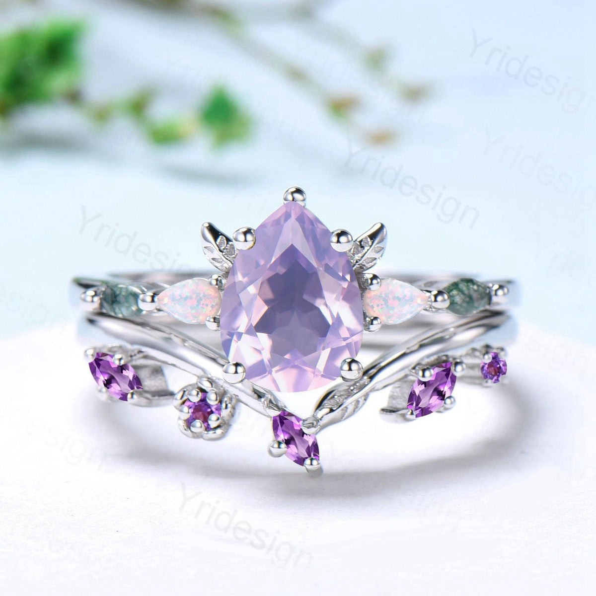 Natural pear cut Lavender Amethyst engagement ring set Unique moss agate opal wedding set Leaf Flower Nature inspired amethyst stacking band