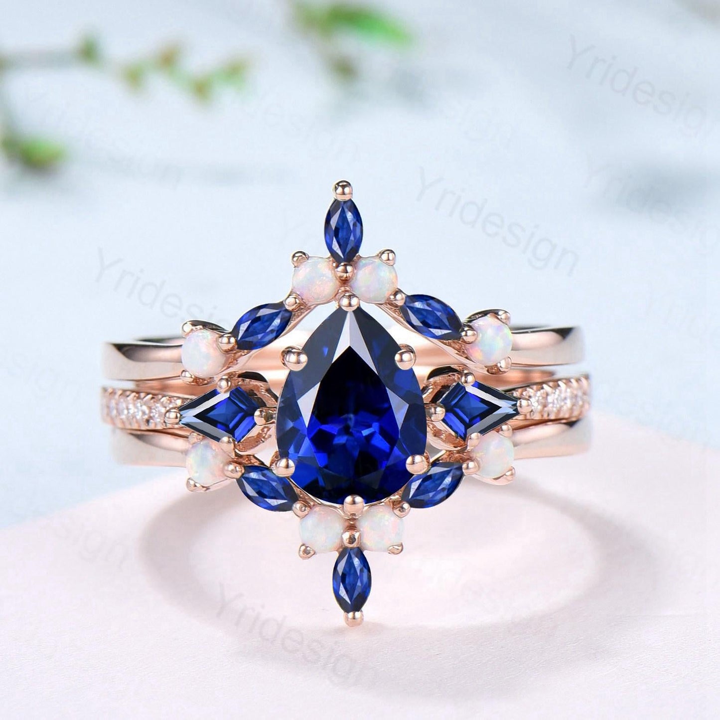 1.25 Carat Pear Shaped Blue Sapphire Engagement Ring Set Opal Retro Sapphire Wedding Set Unique Rose Gold September Birthstone Bridal Sets