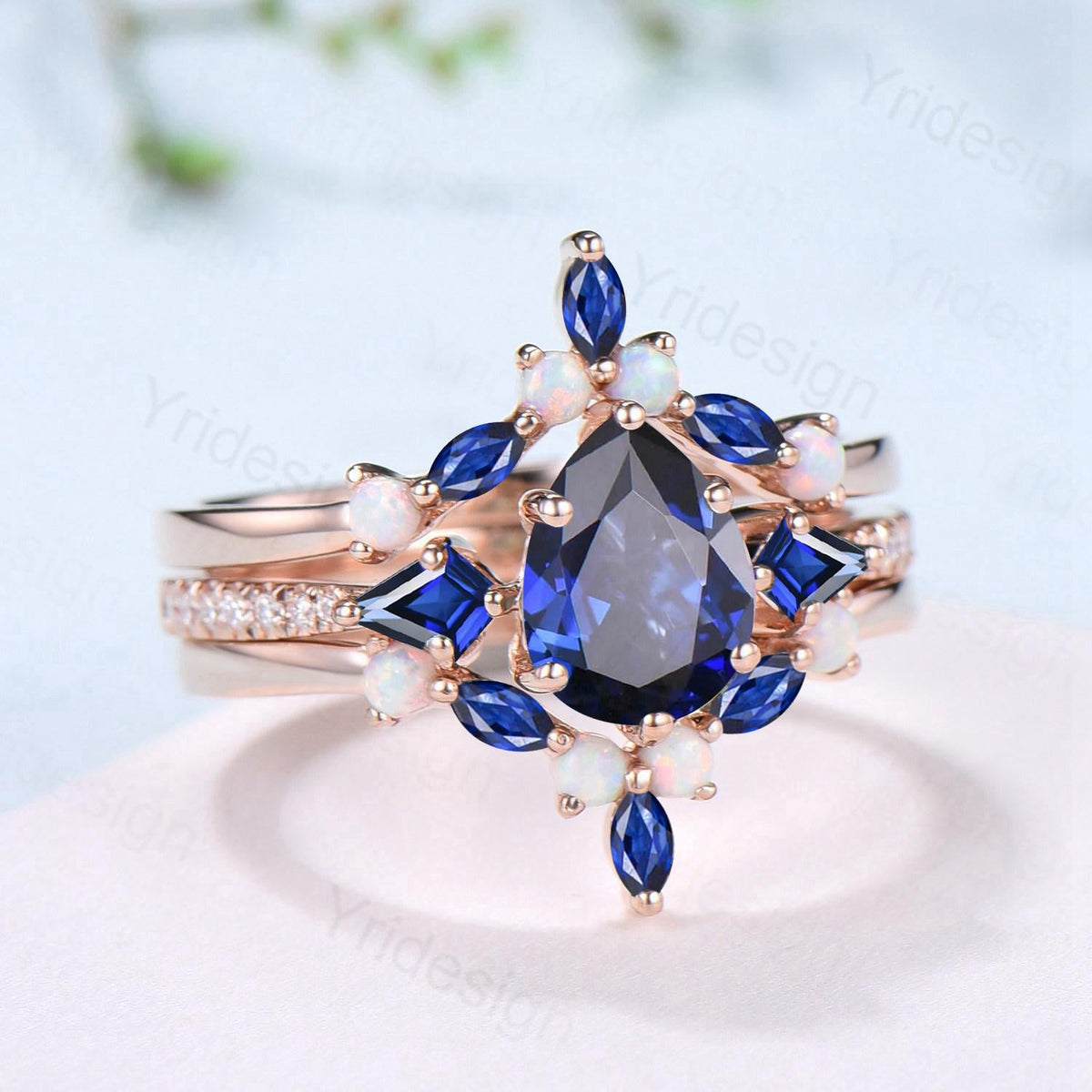 1.25 Carat Pear Shaped Blue Sapphire Engagement Ring Set Opal Retro Sapphire Wedding Set Unique Rose Gold September Birthstone Bridal Sets