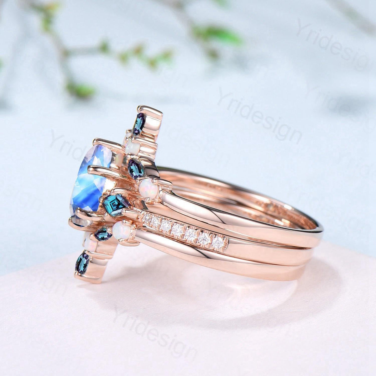 1.25 CT Pear Shaped Natural Moonstone Engagement Ring Set Kite Alexandrite Opal Wedding Set Unique 3Pcs Rose Gold June Birthstone Bridal Set