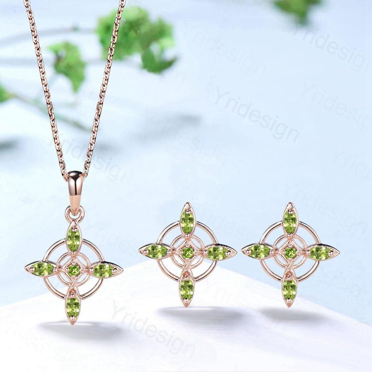Unique Marquise Cut Natural Peridot Necklace and Stud Earring Double Loop August Pendant Silver Rose Gold Celtic Love Jewelry Wedding Sets