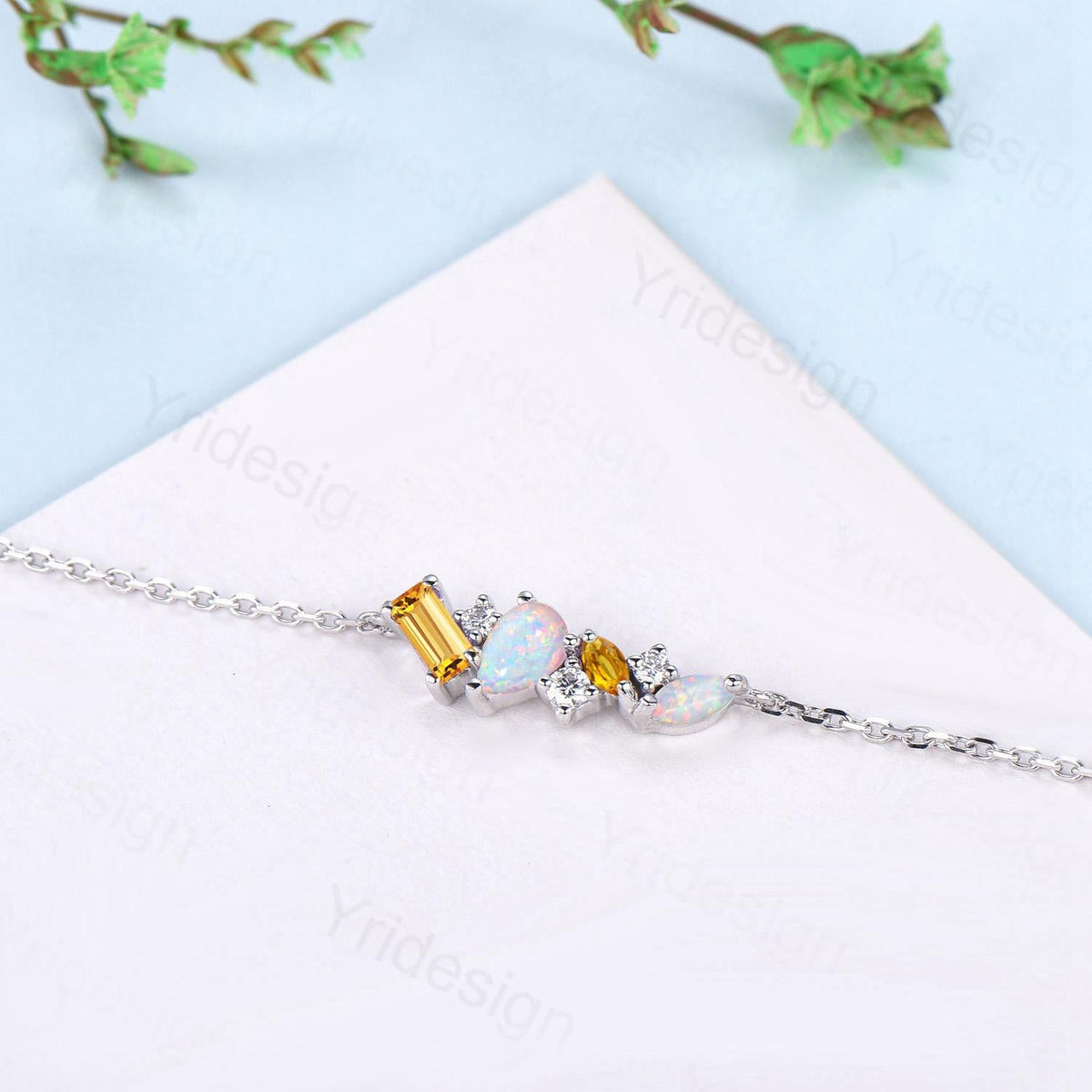 Elegant Teardrop White Opal Bracelet Multi-Stone Baguette Marquise Citrine Moissanite Lobster Claw Silver Bracelet Anniversary Promise Gift