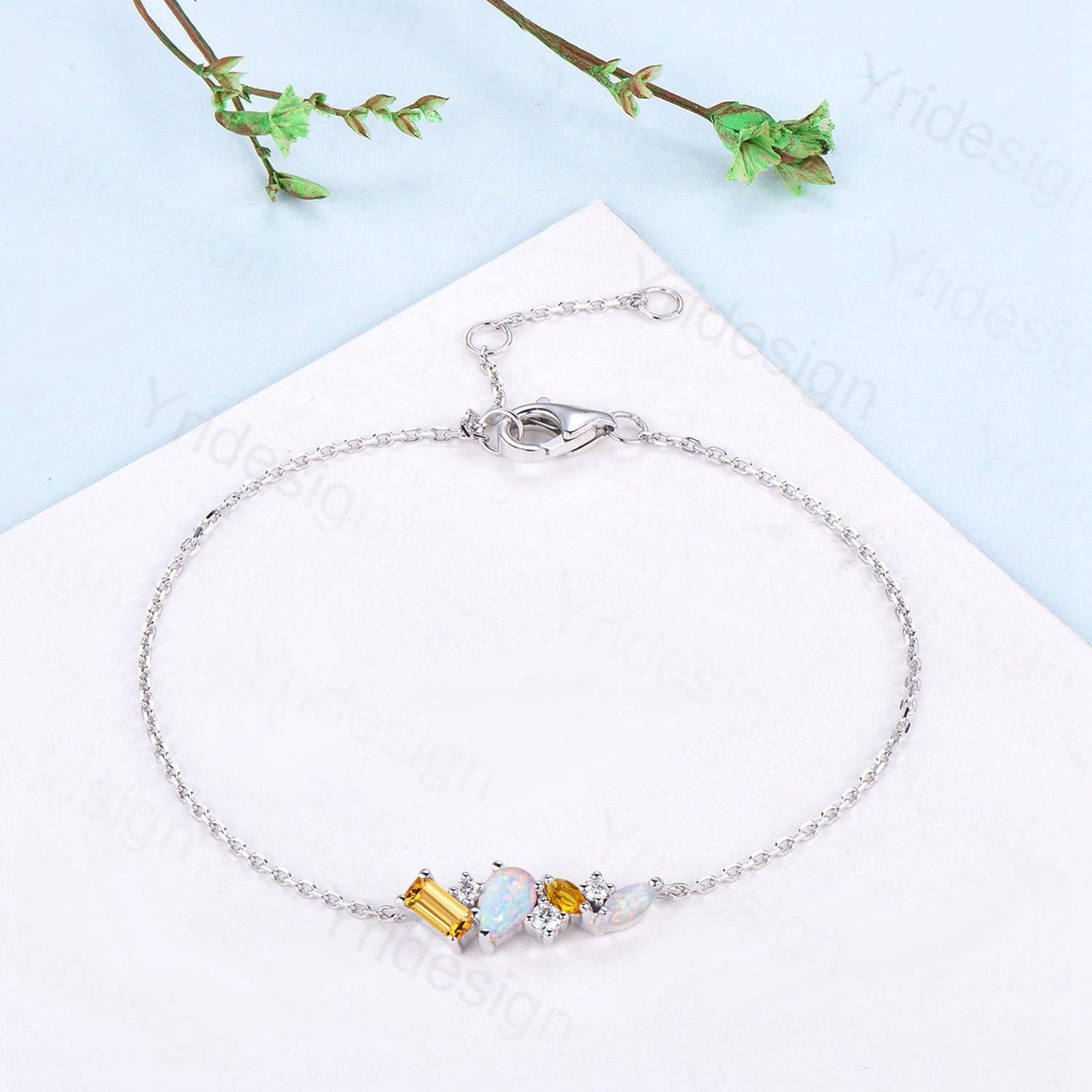 Elegant Teardrop White Opal Bracelet Multi-Stone Baguette Marquise Citrine Moissanite Lobster Claw Silver Bracelet Anniversary Promise Gift