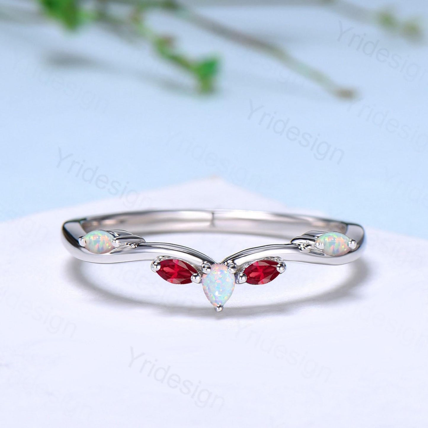 Vintage Fire Opal Ruby Wedding Band Women Unique Teardrop White Opal Stackable Ring Marquise Ruby Curved Matching Band Anniversary Gift