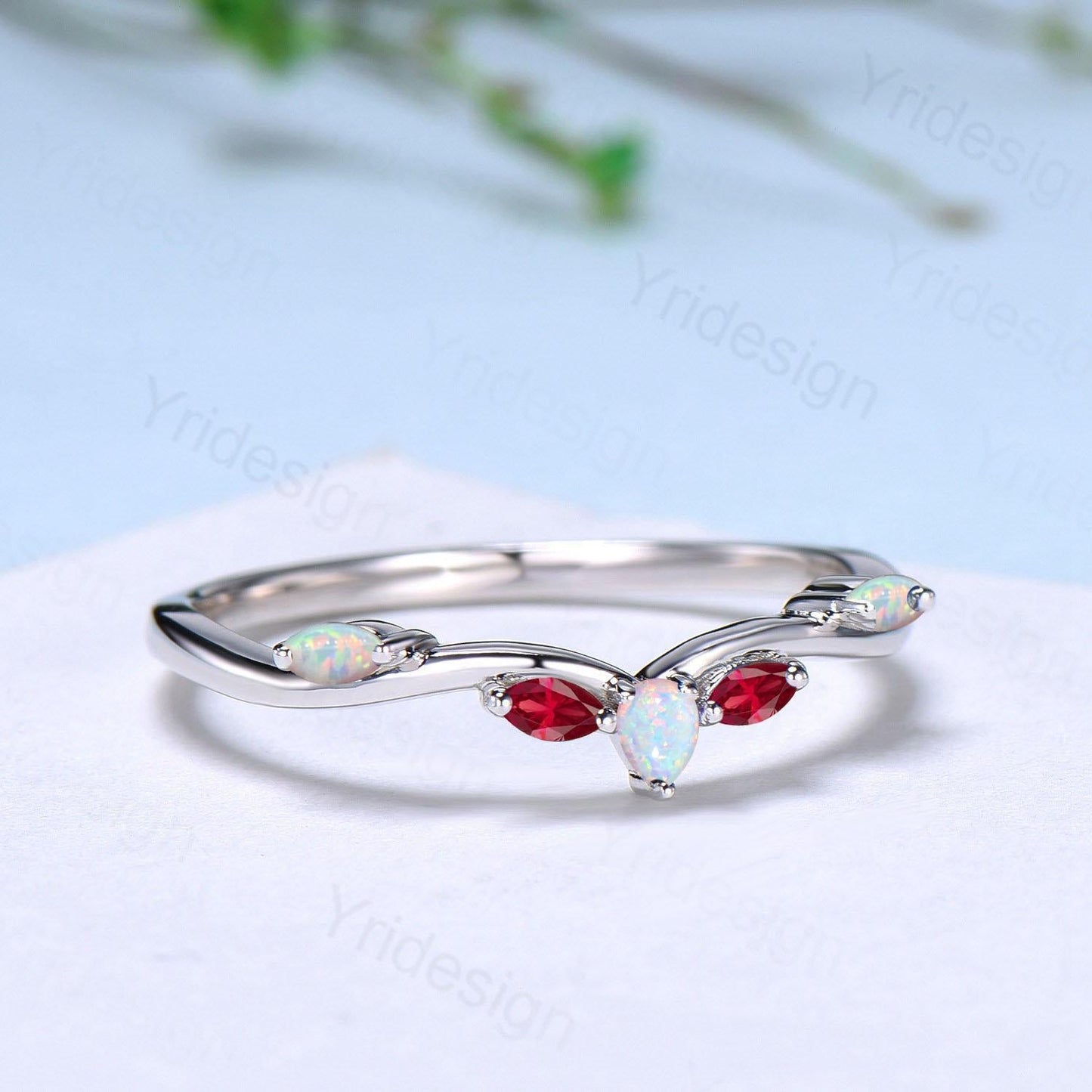 Vintage Fire Opal Ruby Wedding Band Women Unique Teardrop White Opal Stackable Ring Marquise Ruby Curved Matching Band Anniversary Gift