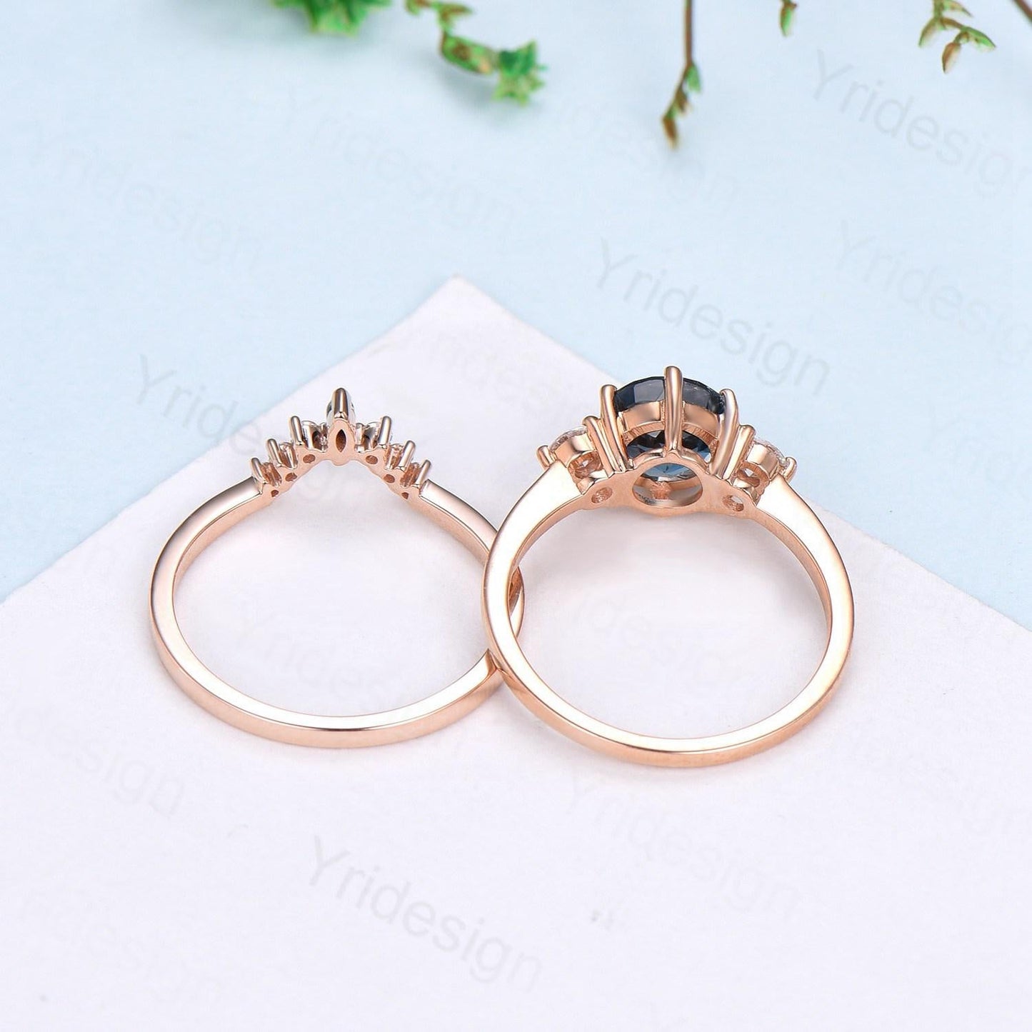 Three stone blue moissanite engagement ring set sapphire crown wedding set vintage rose gold bridal set couple anniversary promise ring gift