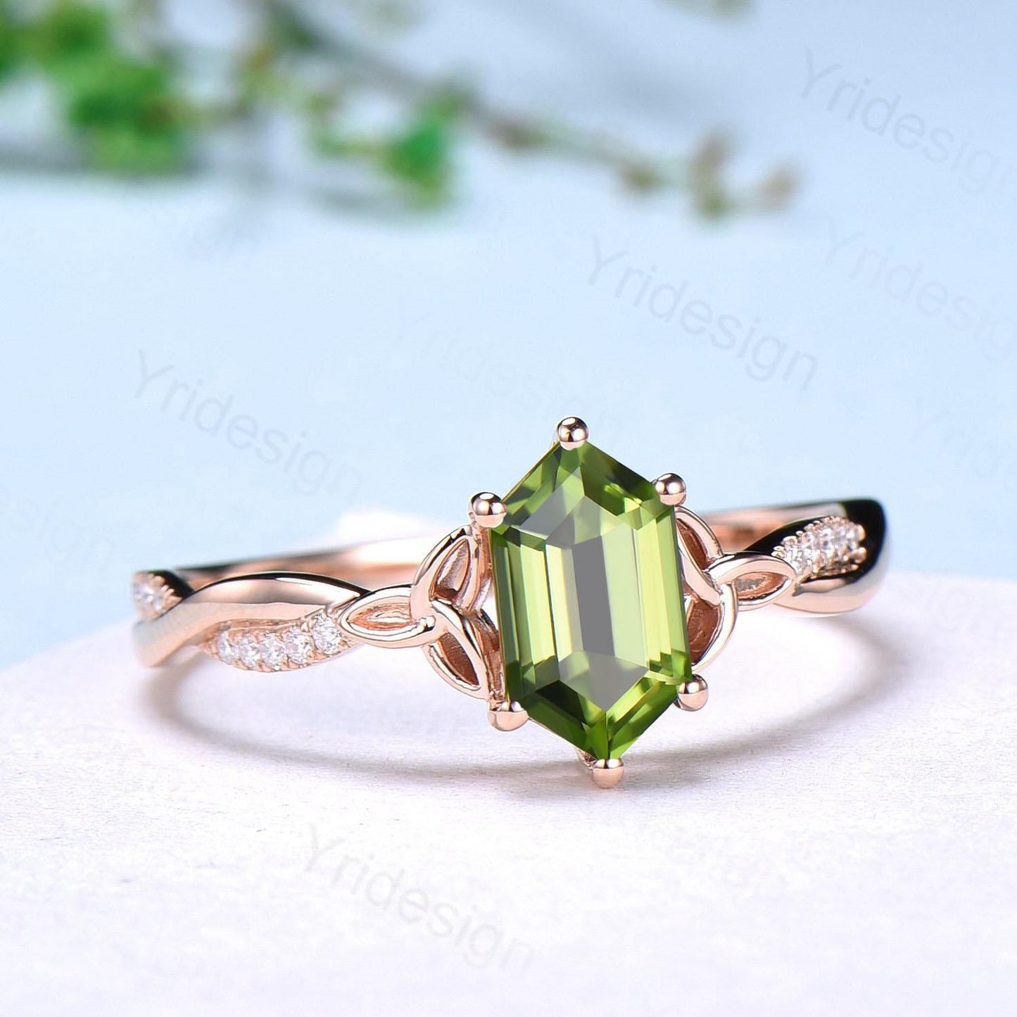Elongated Hexagon Cut Peridot Diamond Engagement Ring Norse Viking Split Shank Wedding Ring August Birthstone Anniversary Promise Ring Gift