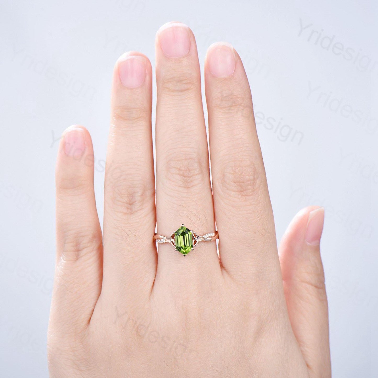 Elongated Hexagon Cut Peridot Diamond Engagement Ring Norse Viking Split Shank Wedding Ring August Birthstone Anniversary Promise Ring Gift