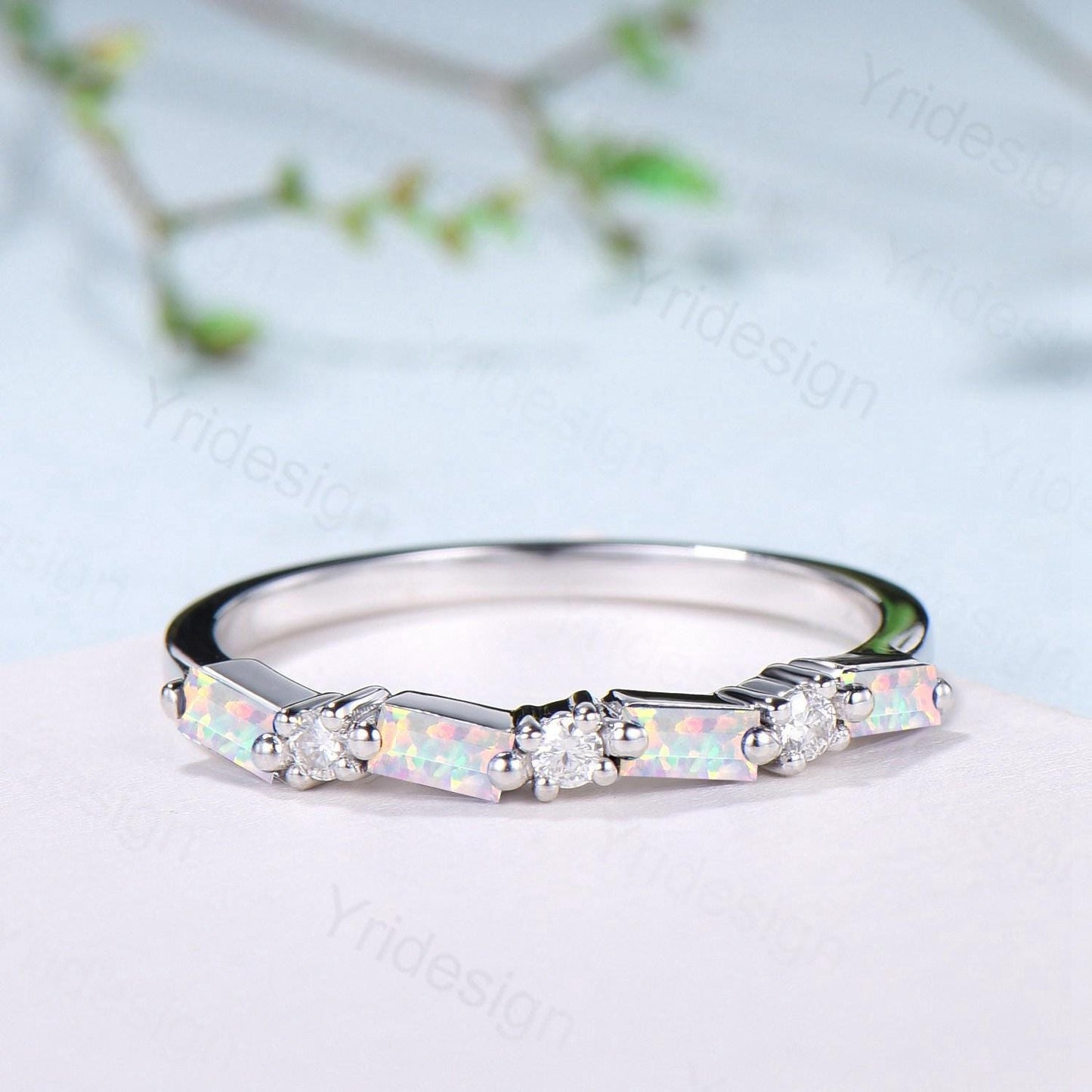 Unique Baguette cut Opal wedding band Vintage Moissanite wedding band Half eternity anniversary Wedding band Bridal Matching Stackable band