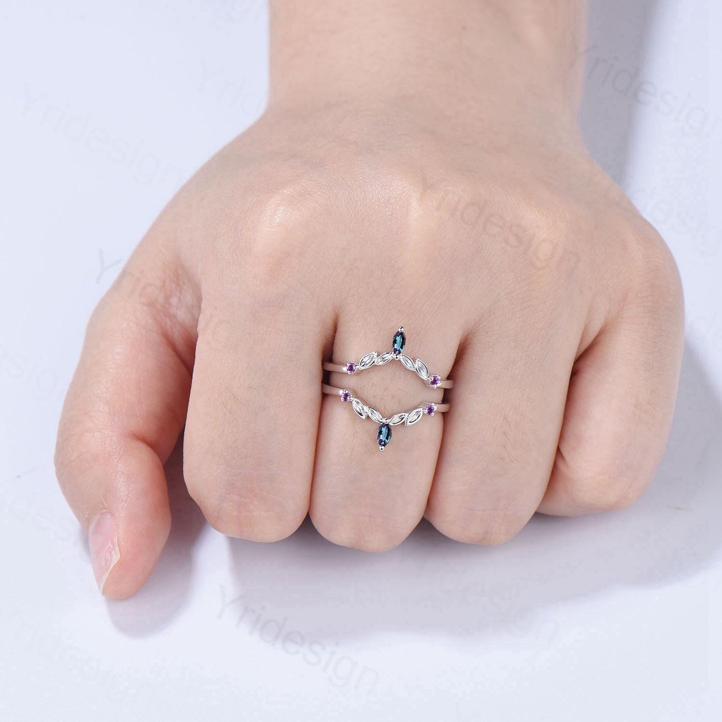 Vintage Marquise Cut Alexandrite Wedding Band Ring Ladies Amethyst Wedding Ring Curved Enhancer Stacking Bridal Matching Ring For Daughter