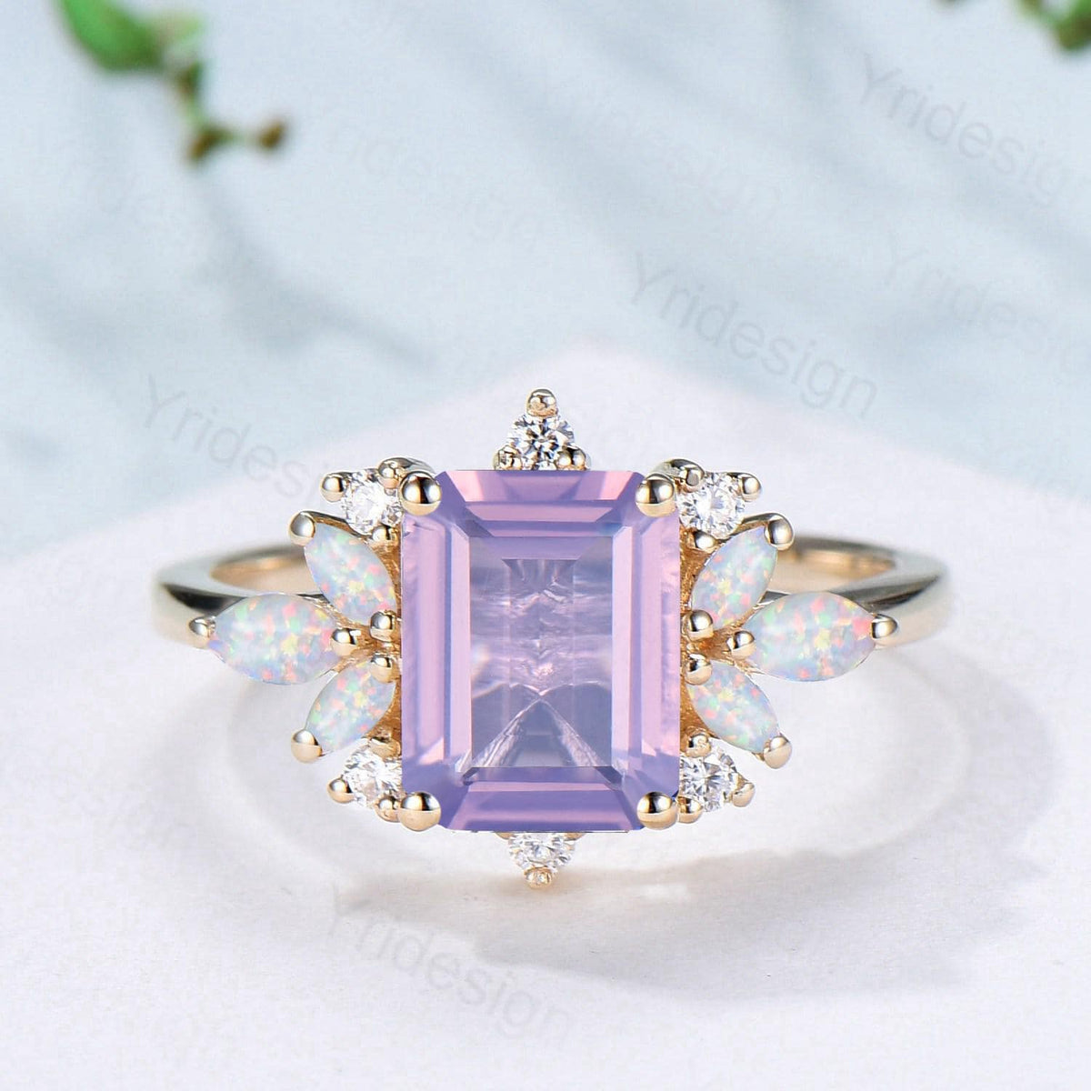 Vintage Lavender Amethyst Engagement Ring Emerald Cut 14K Yellow Gold Cluster Marquise Cut White Opal Wedding Ring Anniversary Promise Gift