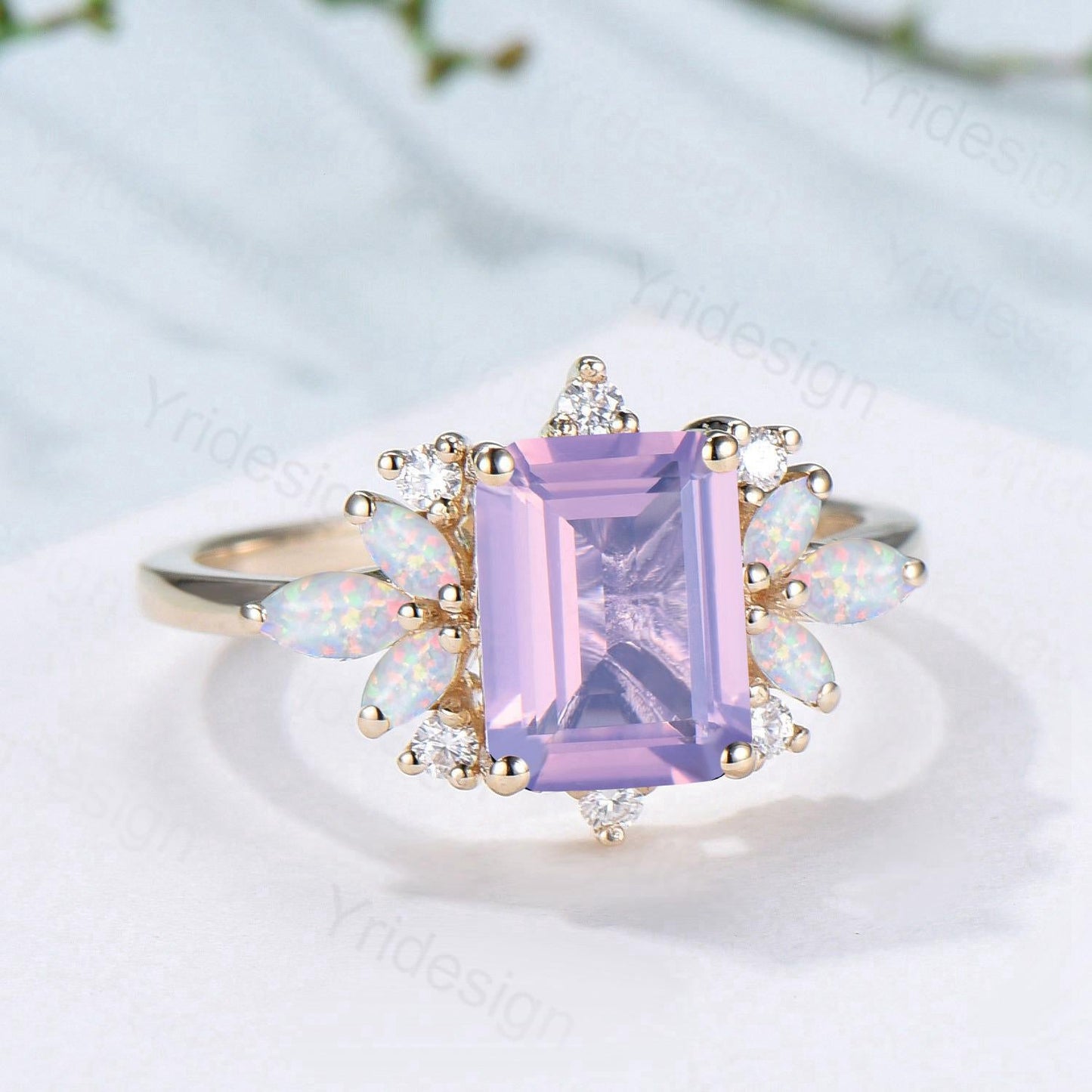 Vintage Lavender Amethyst Engagement Ring Emerald Cut 14K Yellow Gold Cluster Marquise Cut White Opal Wedding Ring Anniversary Promise Gift