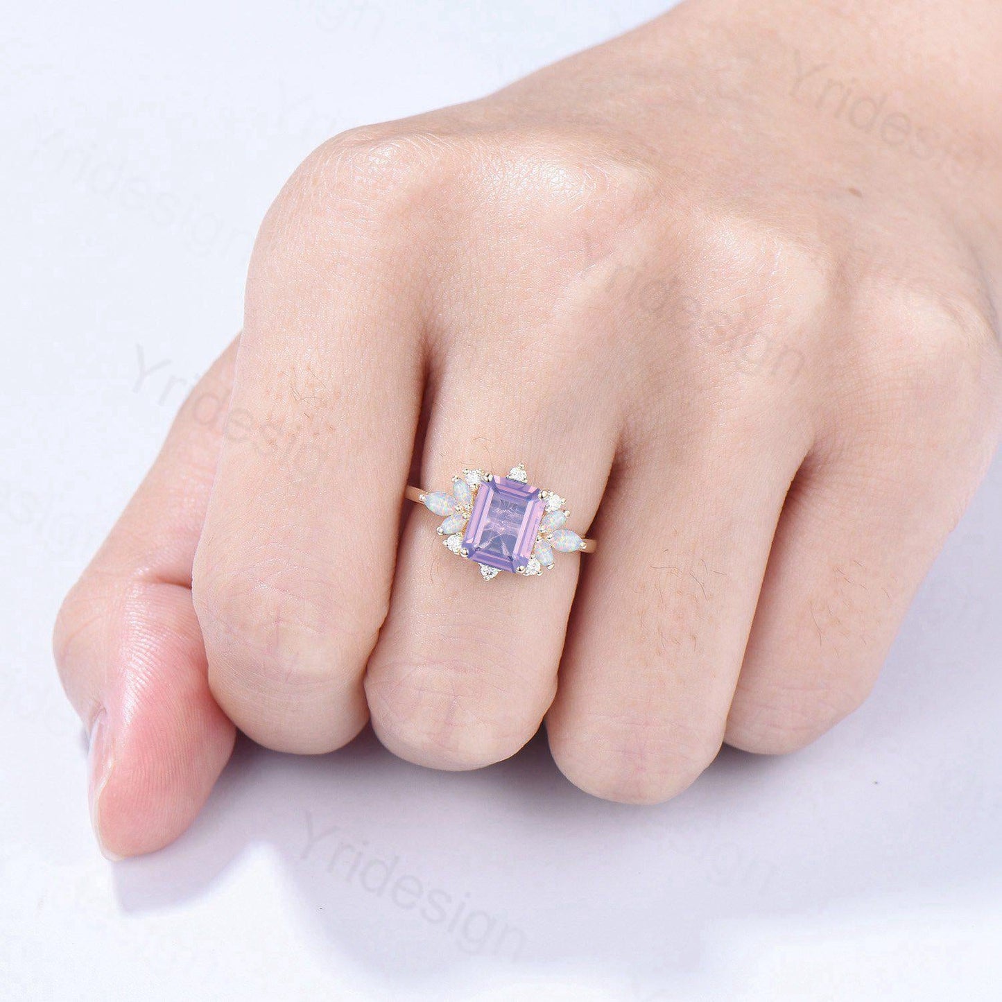 Vintage Lavender Amethyst Engagement Ring Emerald Cut 14K Yellow Gold Cluster Marquise Cut White Opal Wedding Ring Anniversary Promise Gift