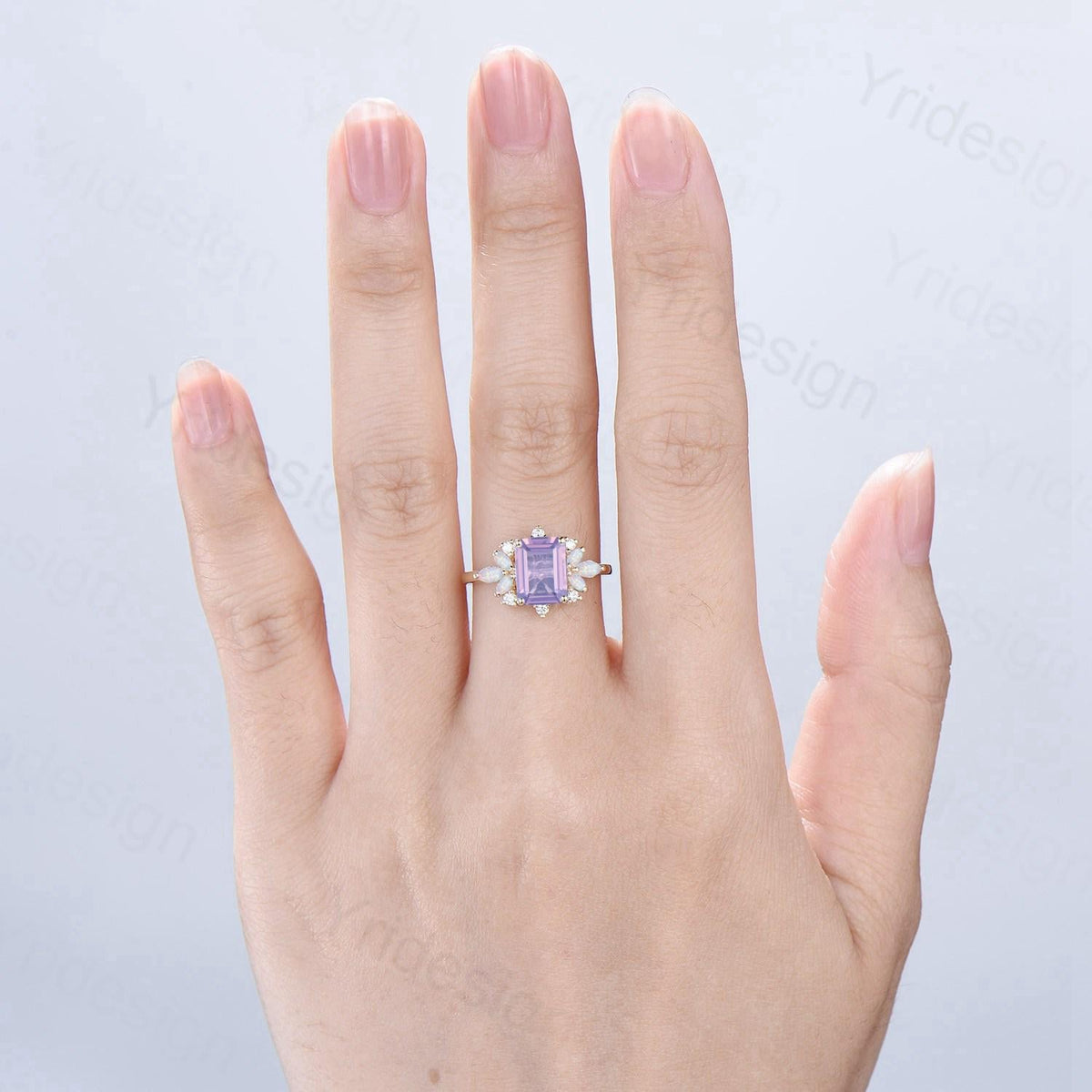 Vintage Lavender Amethyst Engagement Ring Emerald Cut 14K Yellow Gold Cluster Marquise Cut White Opal Wedding Ring Anniversary Promise Gift
