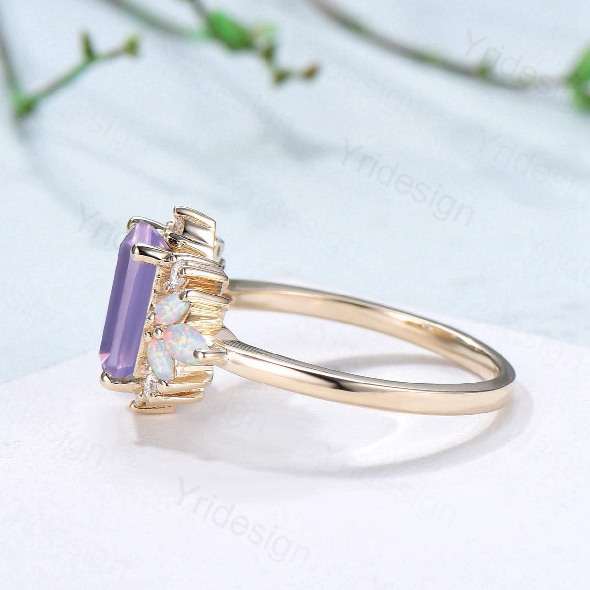 Vintage Lavender Amethyst Engagement Ring Emerald Cut 14K Yellow Gold Cluster Marquise Cut White Opal Wedding Ring Anniversary Promise Gift