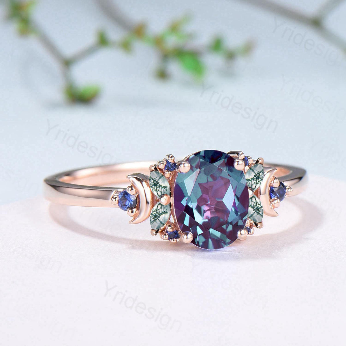 Unique Oval Alexandrite Engagement Ring Cluster Sapphire Marquise Moss Agate Moon Ring Floral Rose Gold Handmade Anniversary Proposal Gift
