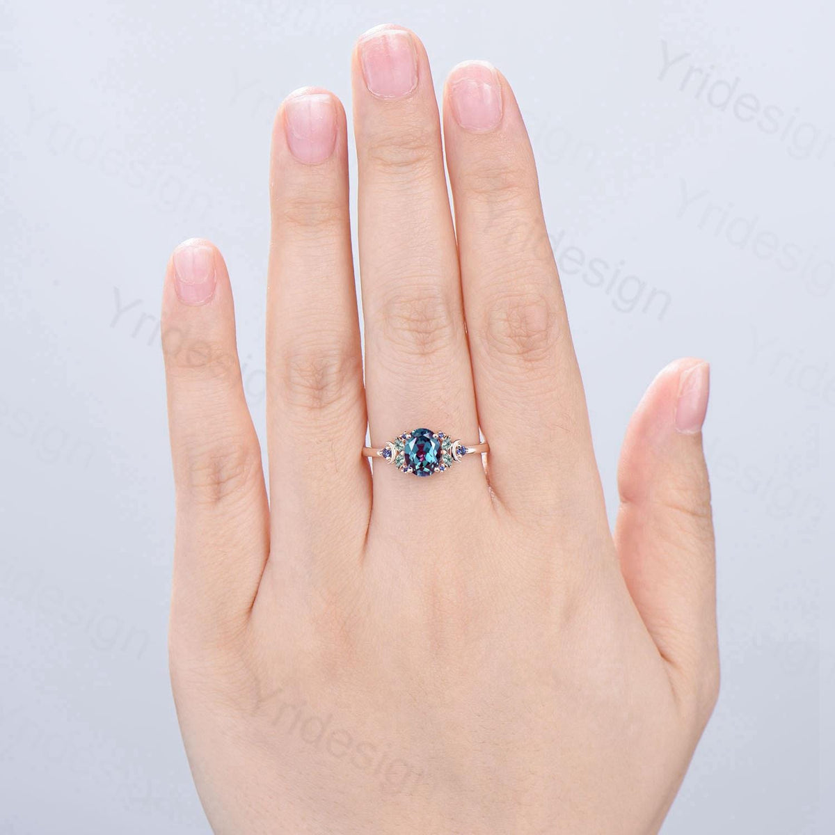 Unique Oval Alexandrite Engagement Ring Cluster Sapphire Marquise Moss Agate Moon Ring Floral Rose Gold Handmade Anniversary Proposal Gift